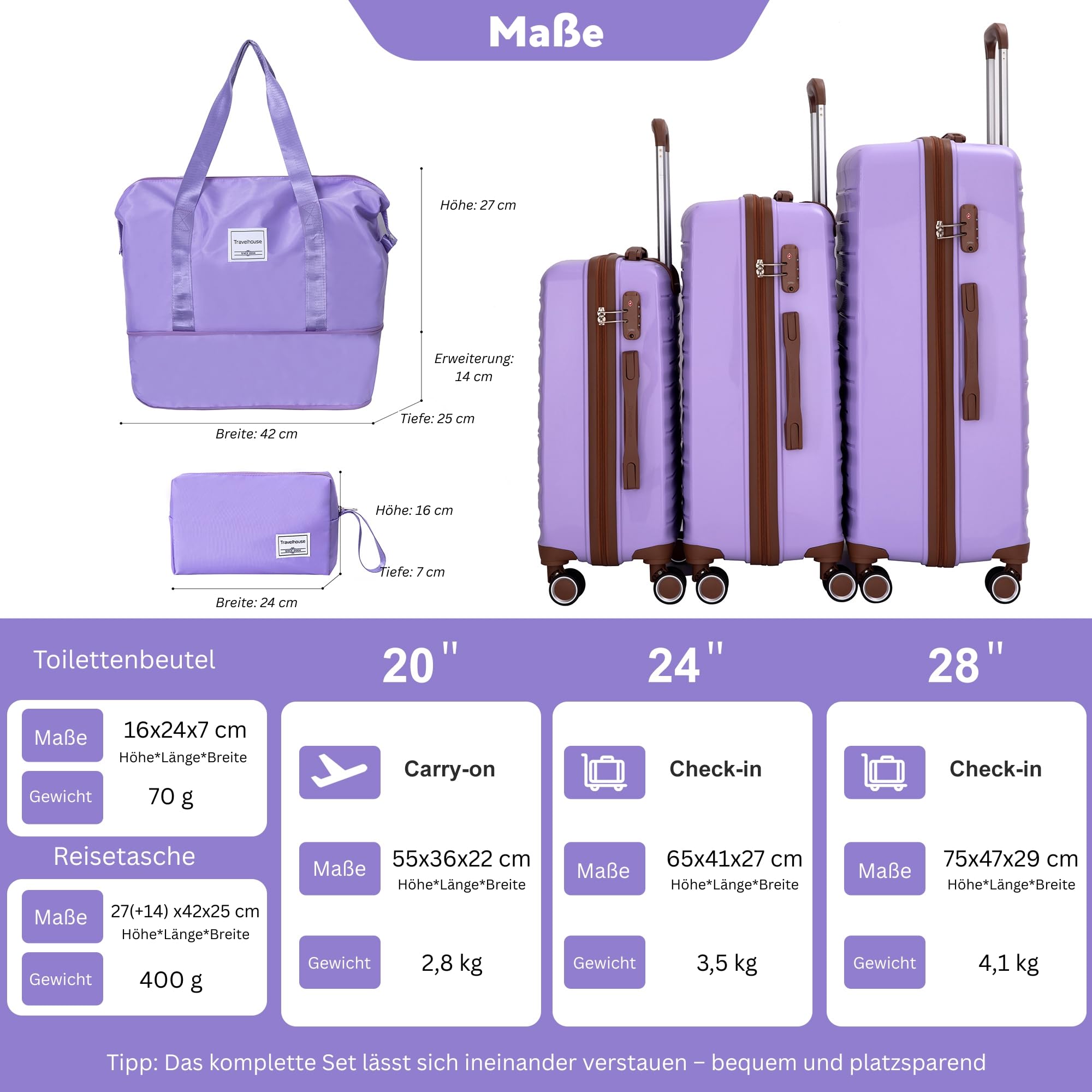Travelhouse Ascona - Set di 5 bagagli, valigetta con ruote, policarbonato + custodia rigida ABS, borsa da viaggio e beauty case, set di bagagli a mano, viola/lilla, 77x30x53 cm, Set di valigie