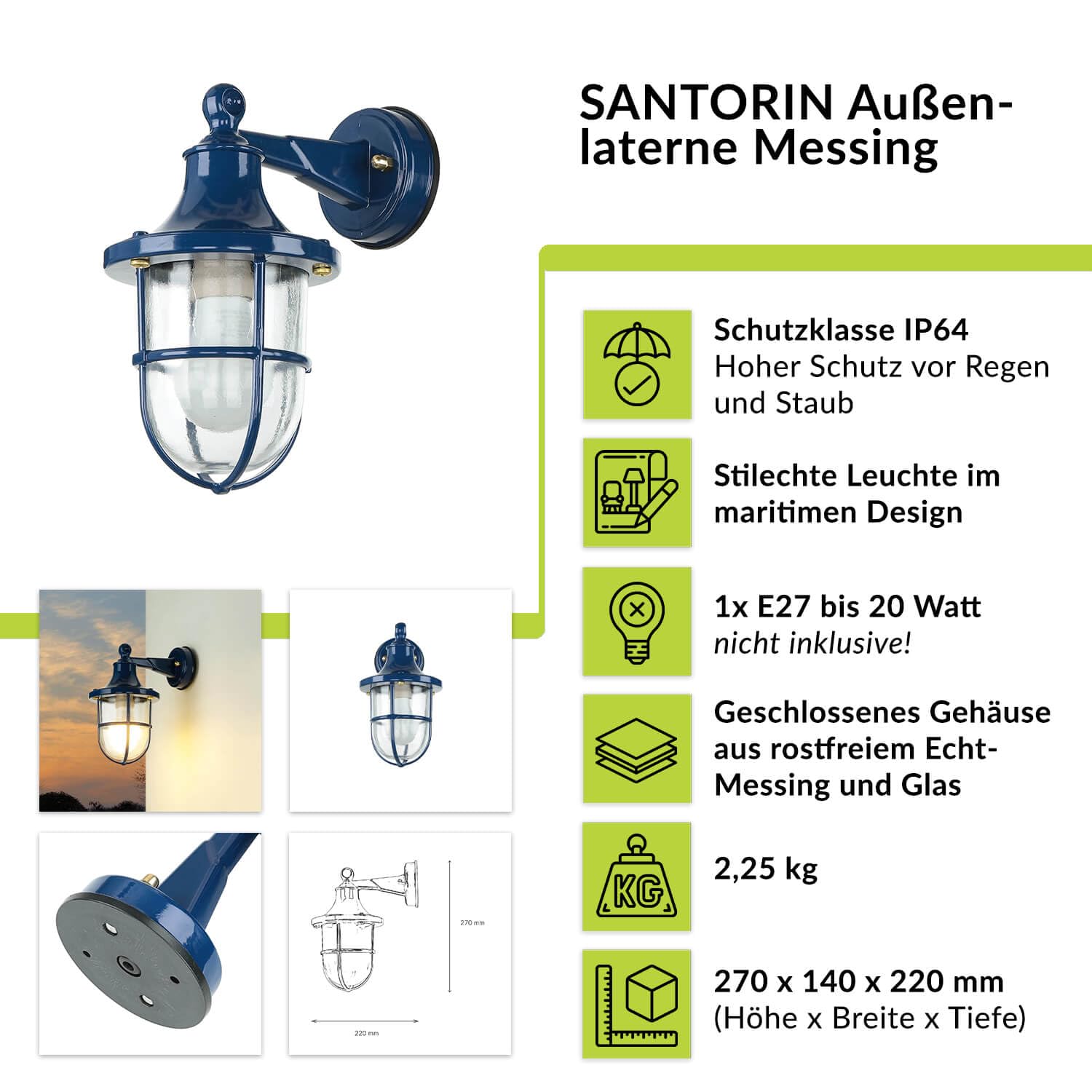 Zewnętrzna lampa okrętowa, mosiężna, niebieska, zewnętrzna lampa ścienna morska, nostalgiczna, rustykalna, IP64, D:22 cm E27, dom, ogród, lampa tarasowa