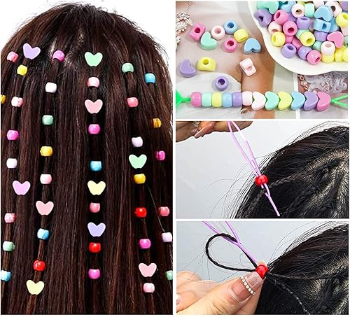 Miniatura 6 de Wavlakth Juego de 1510 cuentas de pelo de color caramelo para niñas, kit de trenzas con banda de goma elástica, corazón de estrella acrílica,