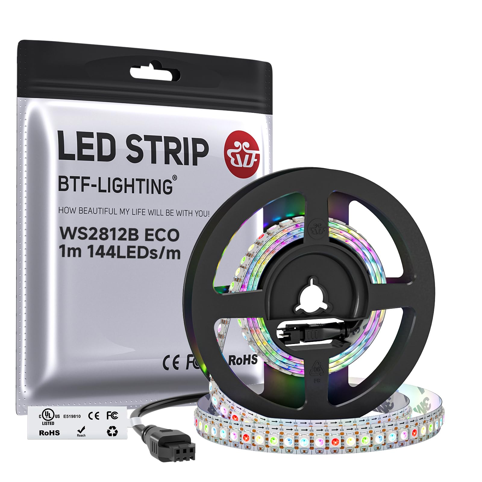 BTF-LIGHTING WS2812B IC RGB LED Strip,UL Listed,DC5V 3.28FT 144LED IP65