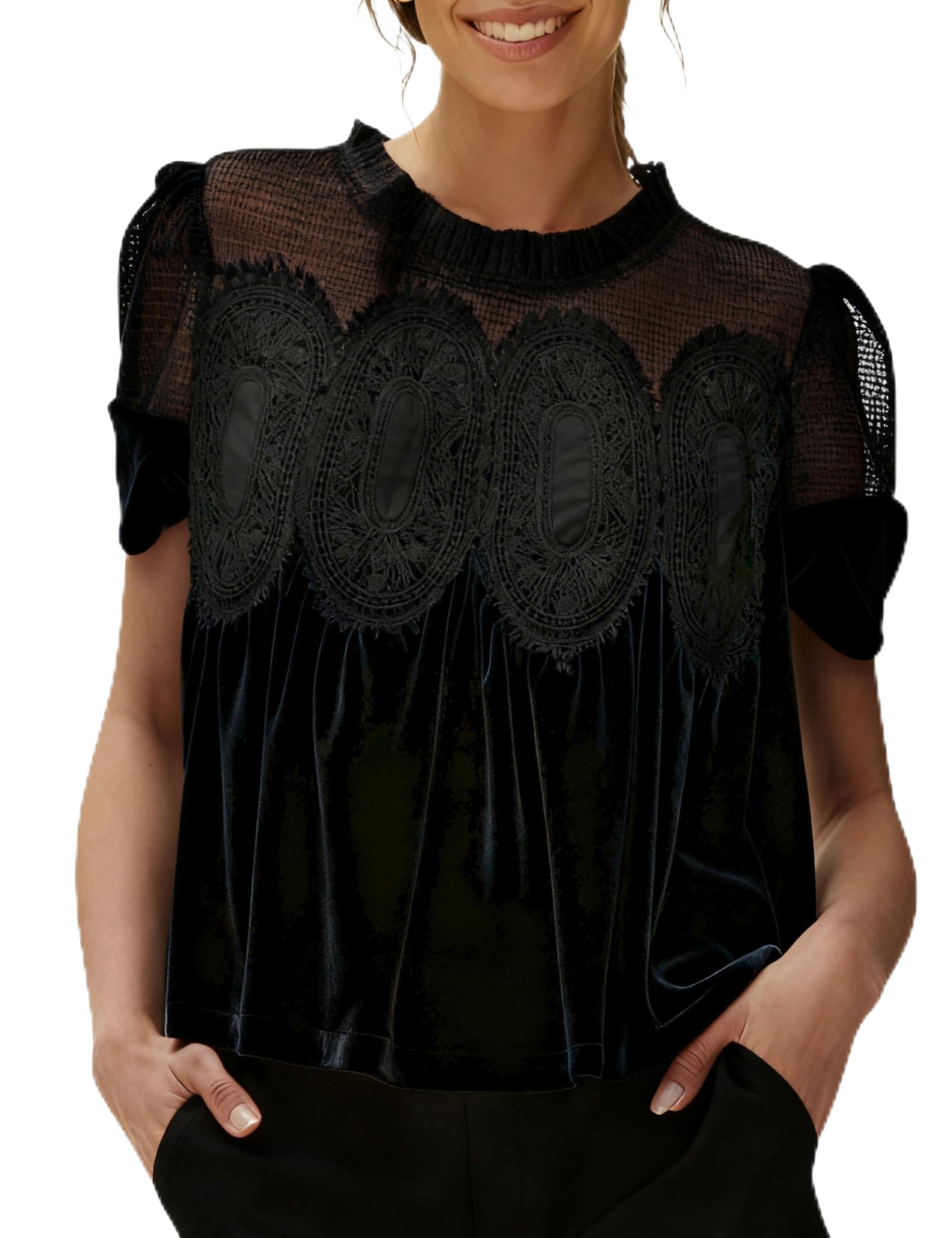 Top de terciopelo para mujer de encaje floral de ganchillo de manga corta con volantes y cuello redondo