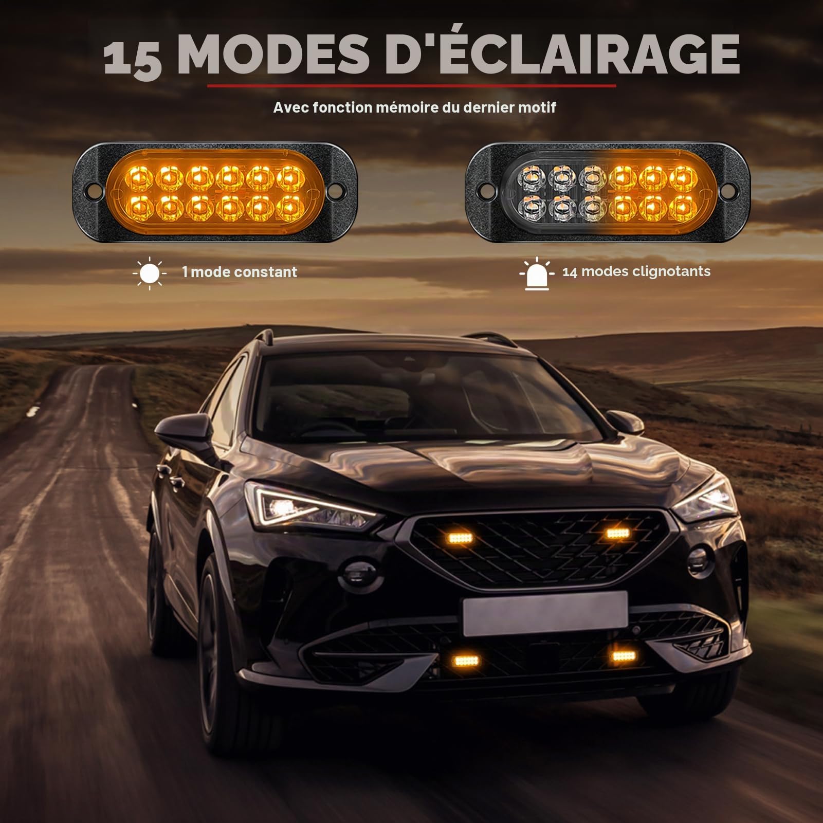 Lot de 4 Lampes de détresse avant pour voiture à 12 LED, stroboscopique, orange, 12V, avertissement clignotant avec 15 modes de flash, pour camion, véhicule, tracteur, accessoire, IP65