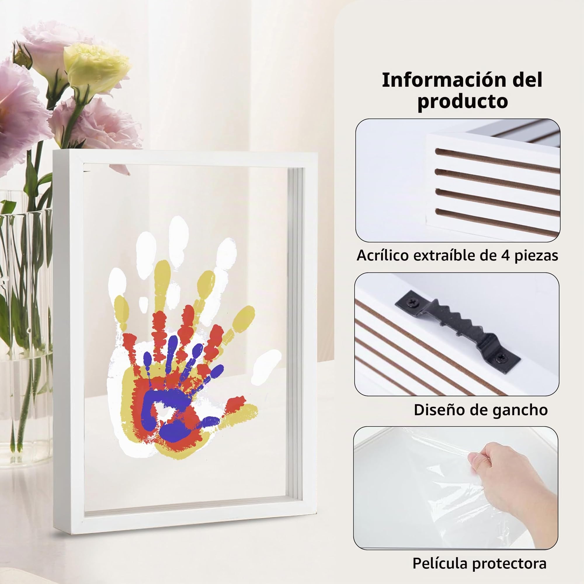 CHERRY CHEERS Kit de huellas dactilares familiares, marco de madera de recuerdo artesanal DIY, juego de regalo Endlos, pinturas no tóxicas, hojas transparentes (marrón) (White)