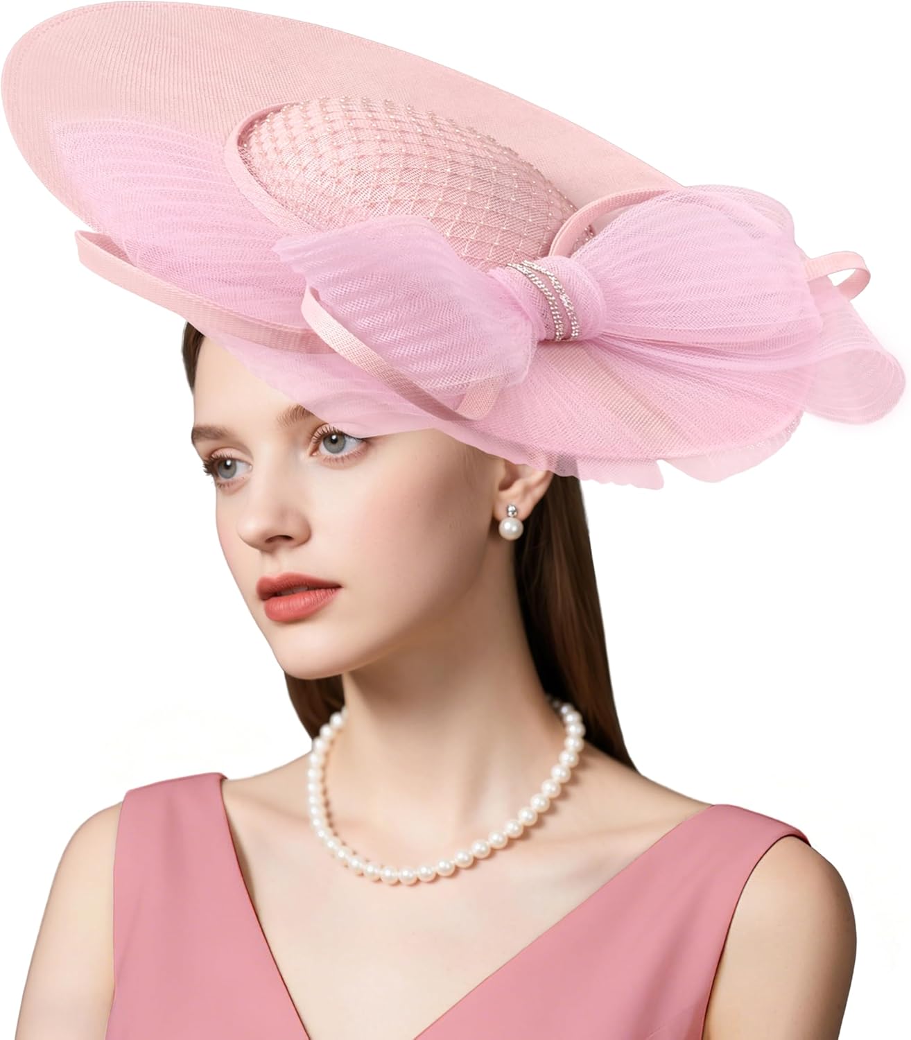 dressfan Wide Brim Fascinator Hats for Women,20s Linen Rhinestones Bow Big Hat for Derby Church Wedding Tea Party