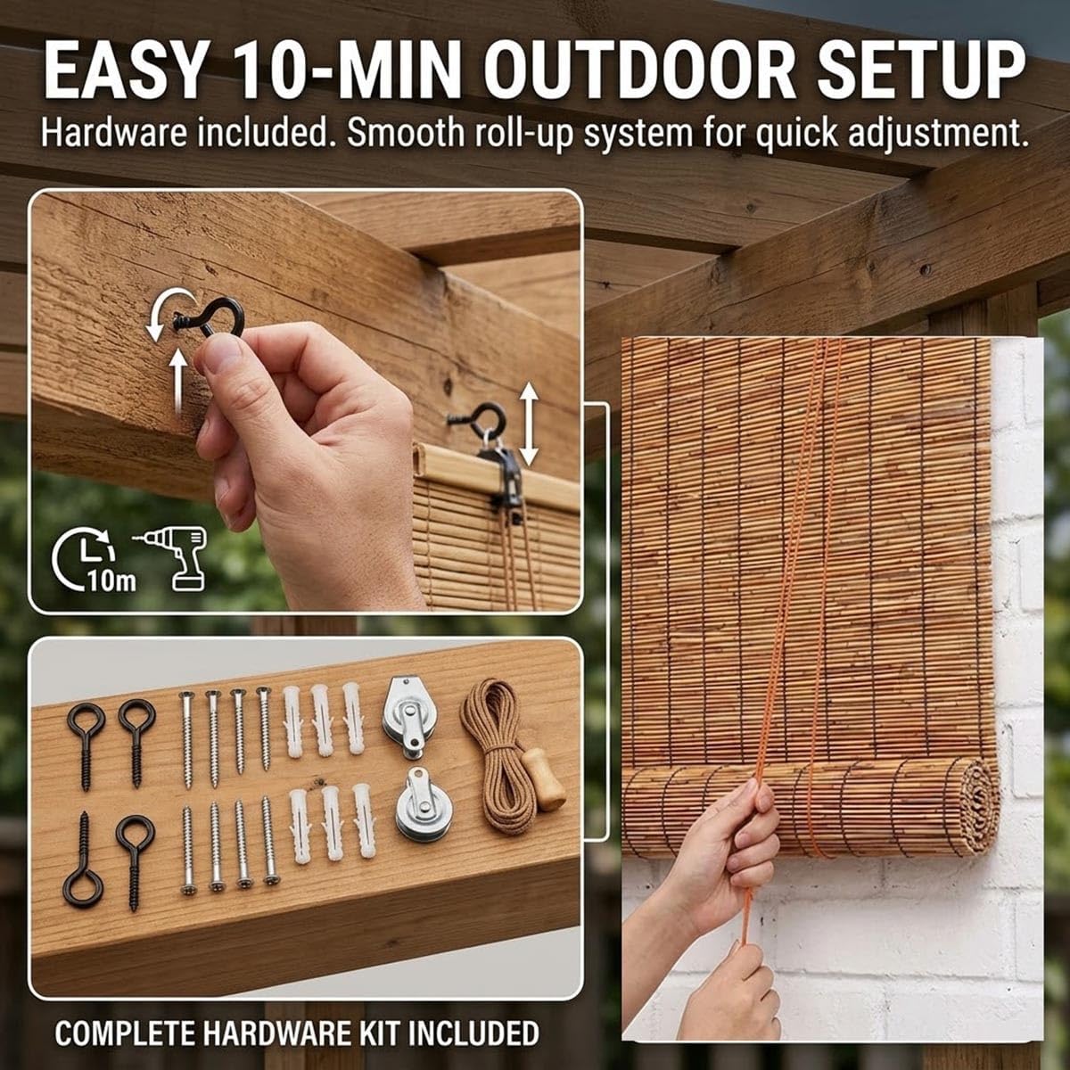 Bamboo Outdoor Roller Shade, Waterproof Patio Blinds Roll Up Shades Exterior Bamboo Blinds for Porch Pergola Deck Backyard Gazebo, Outdoor Semi-Privacy Screen UV Block, Cordless(60" W x 108" H)