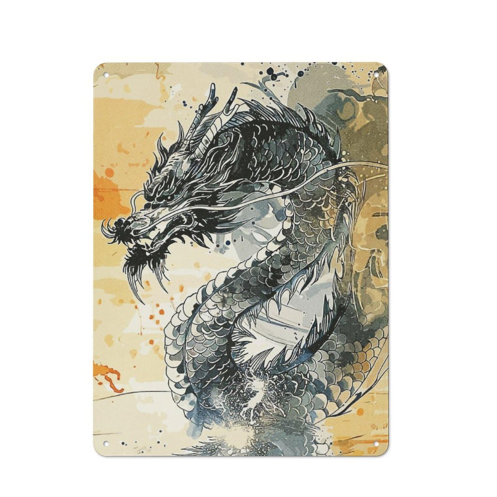 Junmoney Dragon Painting Workshop Style Metal Wall Decor 40X30cm, Decorative Metal Plaque For Garage, Workshop, Shed Or Utility Room