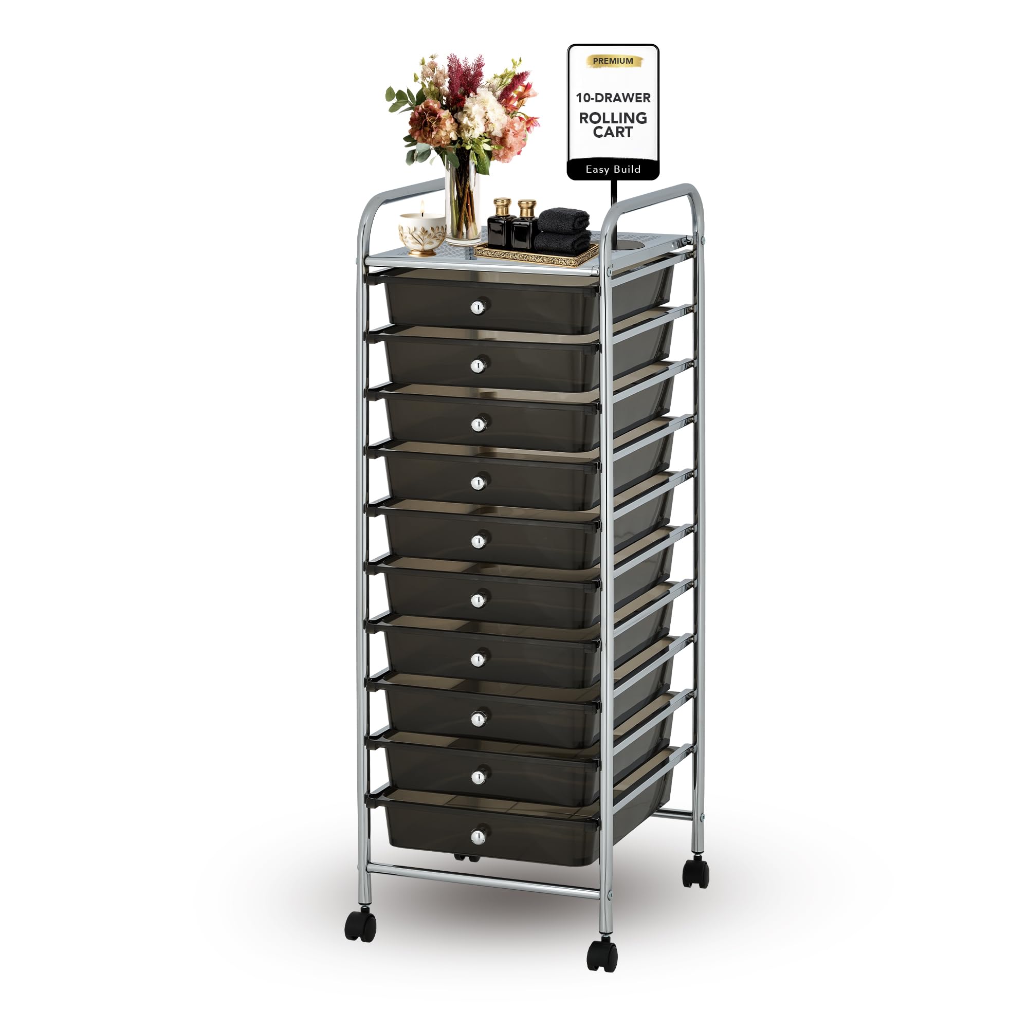 - Display By Jack Rolling Storage Cart 10 Drawer Organizer with Black Drawers, Slim 36" Chrome Frame, Locking Wheels, and Top Shelf for Office, Classroom, Bathroom, or Craft Storage