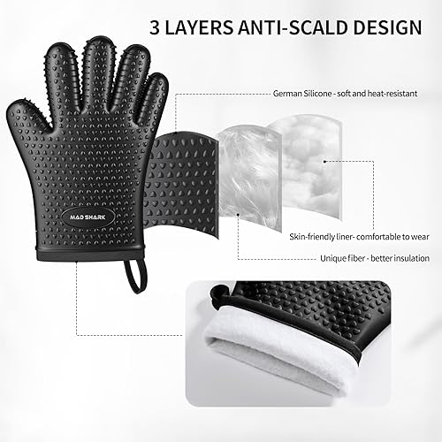 Miniatura 3 de MAD SHARK Guantes de horno de silicona resistentes al calor, 450 grados, guantes de horno impermeables y antideslizantes con dedos, guantes de horno