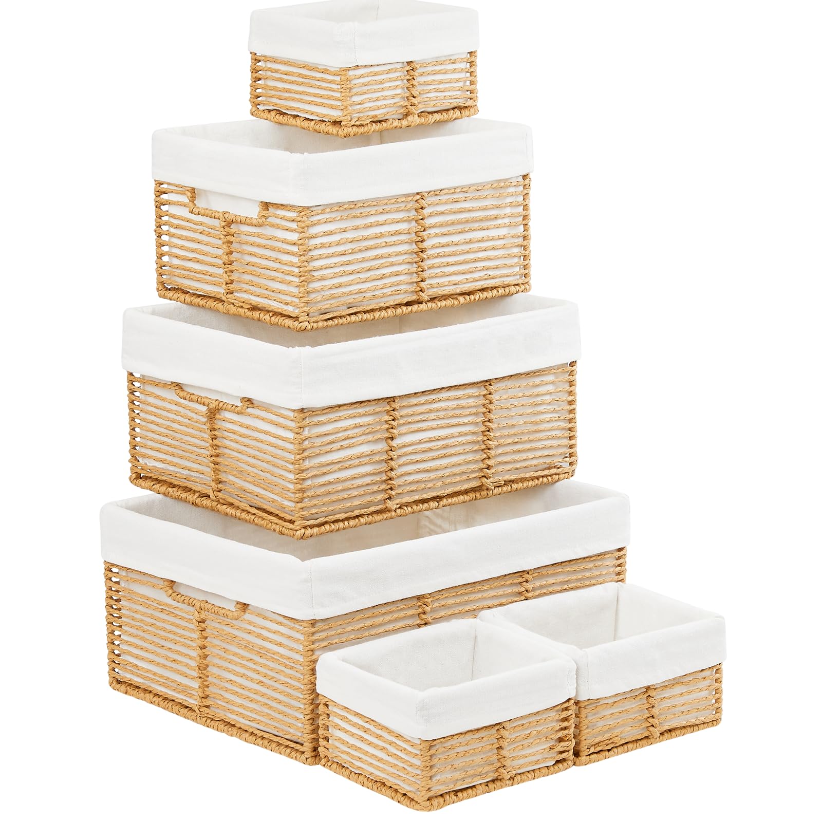 Vagusicc Wicker Storage Basket, Set of 6 Hand-Woven Display Hamper Basket with Handle, Wicker Basket for Shelves Closet, Nesting Natural Wicker Organiser Baskets for Bedroom & Home Office, Natural