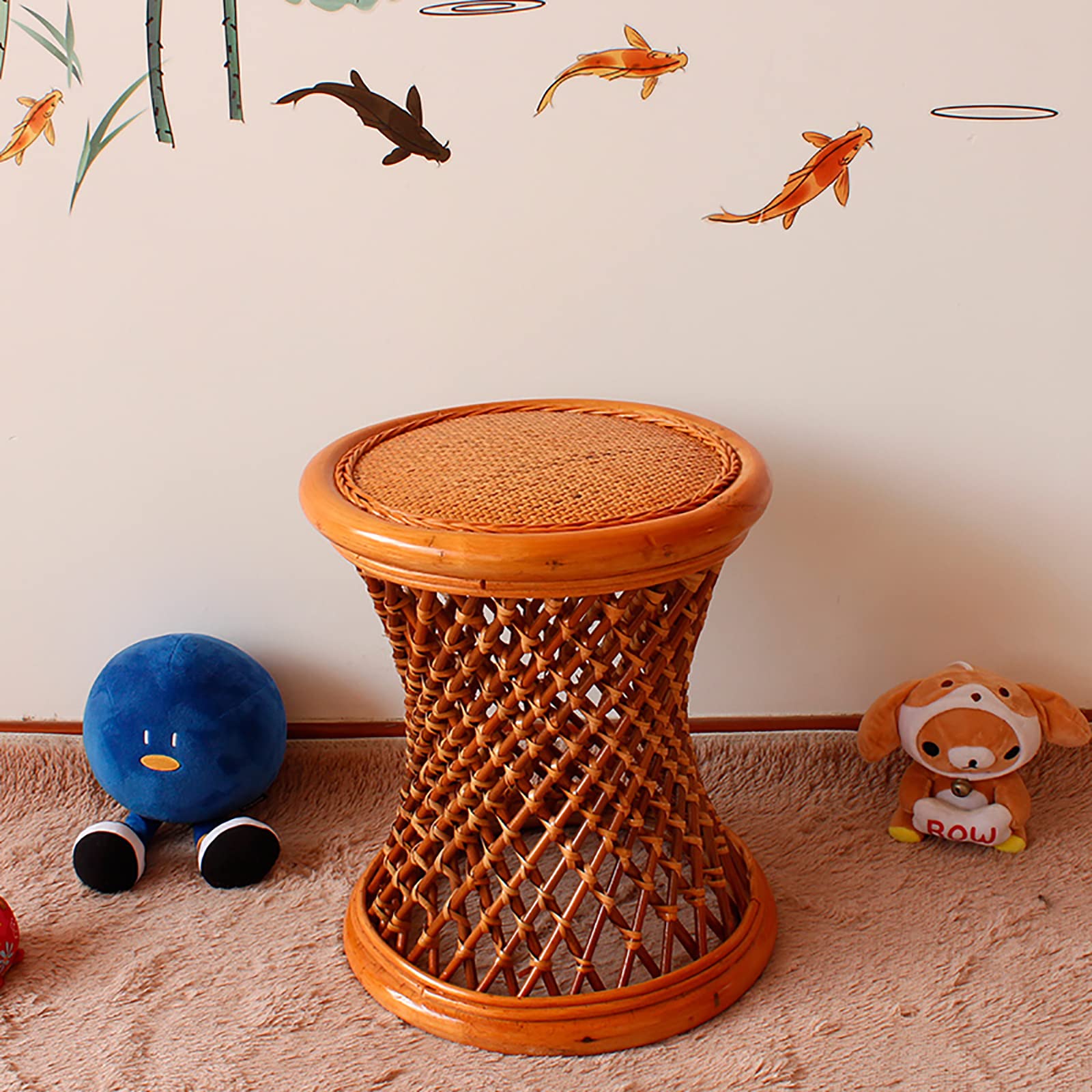 Sgabello in Rattan Naturale Premium, Sgabello Ottomano in Vimini Intrecciato a Mano, Sgabello Multifunzione Rustico con Accento in Legno Tavolino per Giardino Esterno-E 42x36x36 cm (17x14x14 pollici)