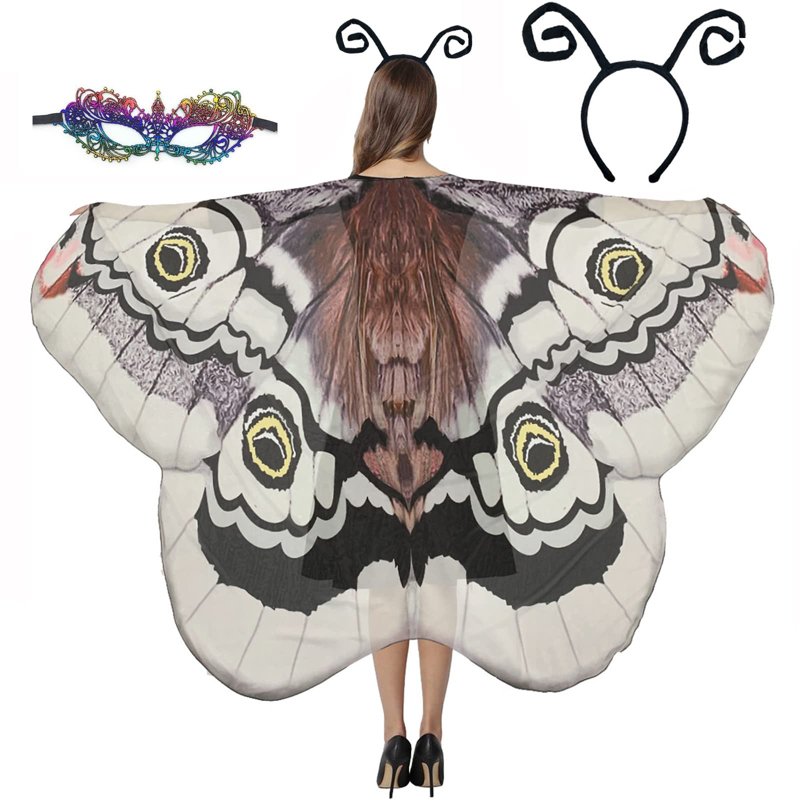 GRAJTCIN Butterfly Wings Cape for Womens Halloween Fairy Pixie Moth Costume Antennas Headband Mask (Grey Emperor Moth) — image 1