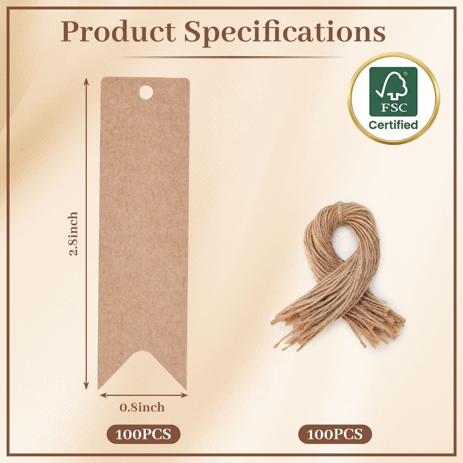 SallyFashion Mini-Geschenkanhänger, Kraftpapieranhänger mit Schnur, blanko, 7,1 x 2,2 cm, für Hochzeit, Basteln, 100 Stück