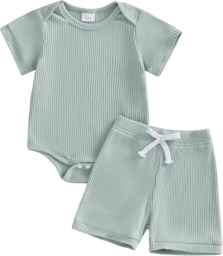 allshope Newborn Baby Boy Summer Outfit Set Short Sleeve Solid Color O Neck Romp