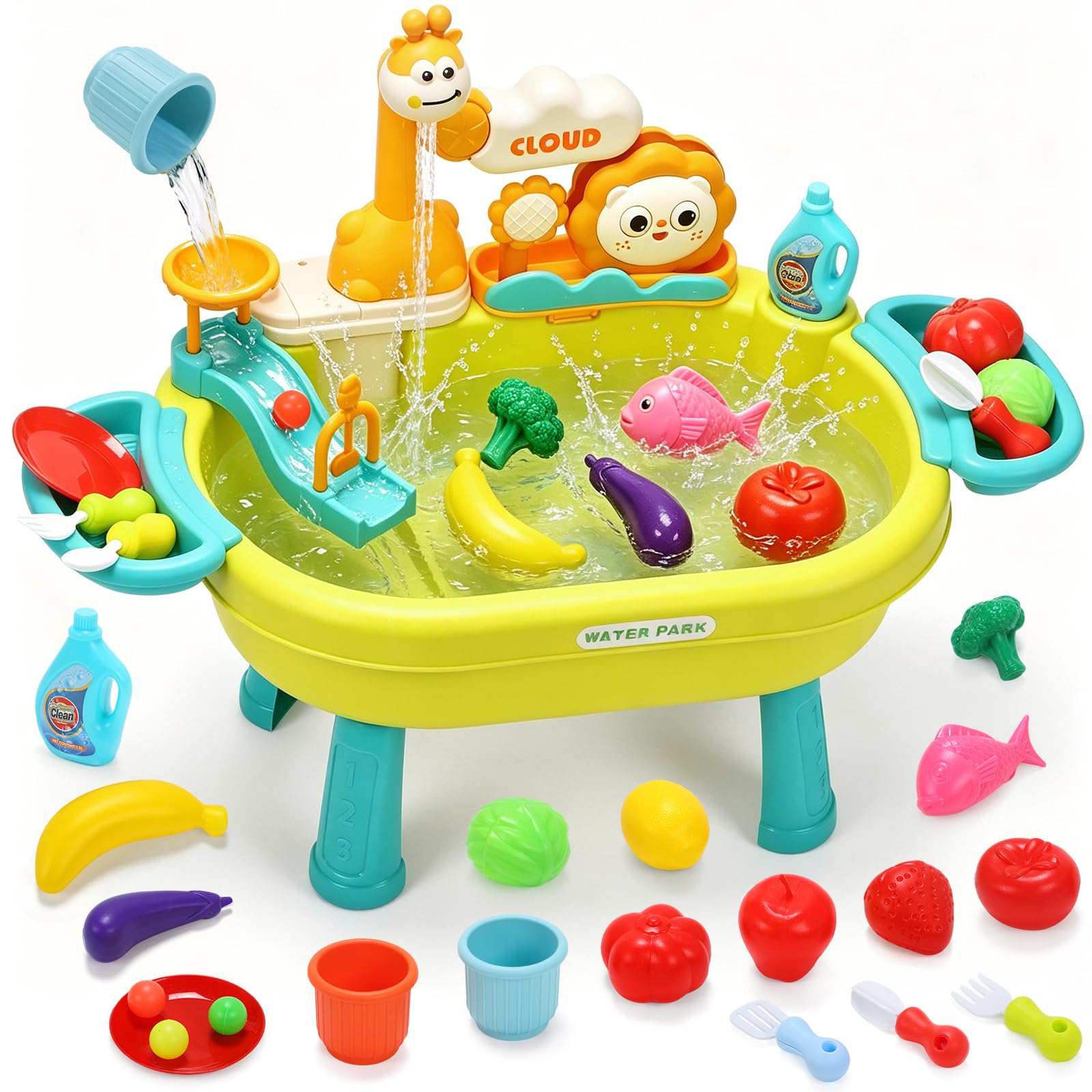 CUTE STONE Play Sink with Running Water, Kitchen Sink Toy with Upgraded Electric Pump, Play Food &amp; Tableware Accessories, Summer Outdoor Sensory Water Table Toy for Toddlers &amp; Kids
