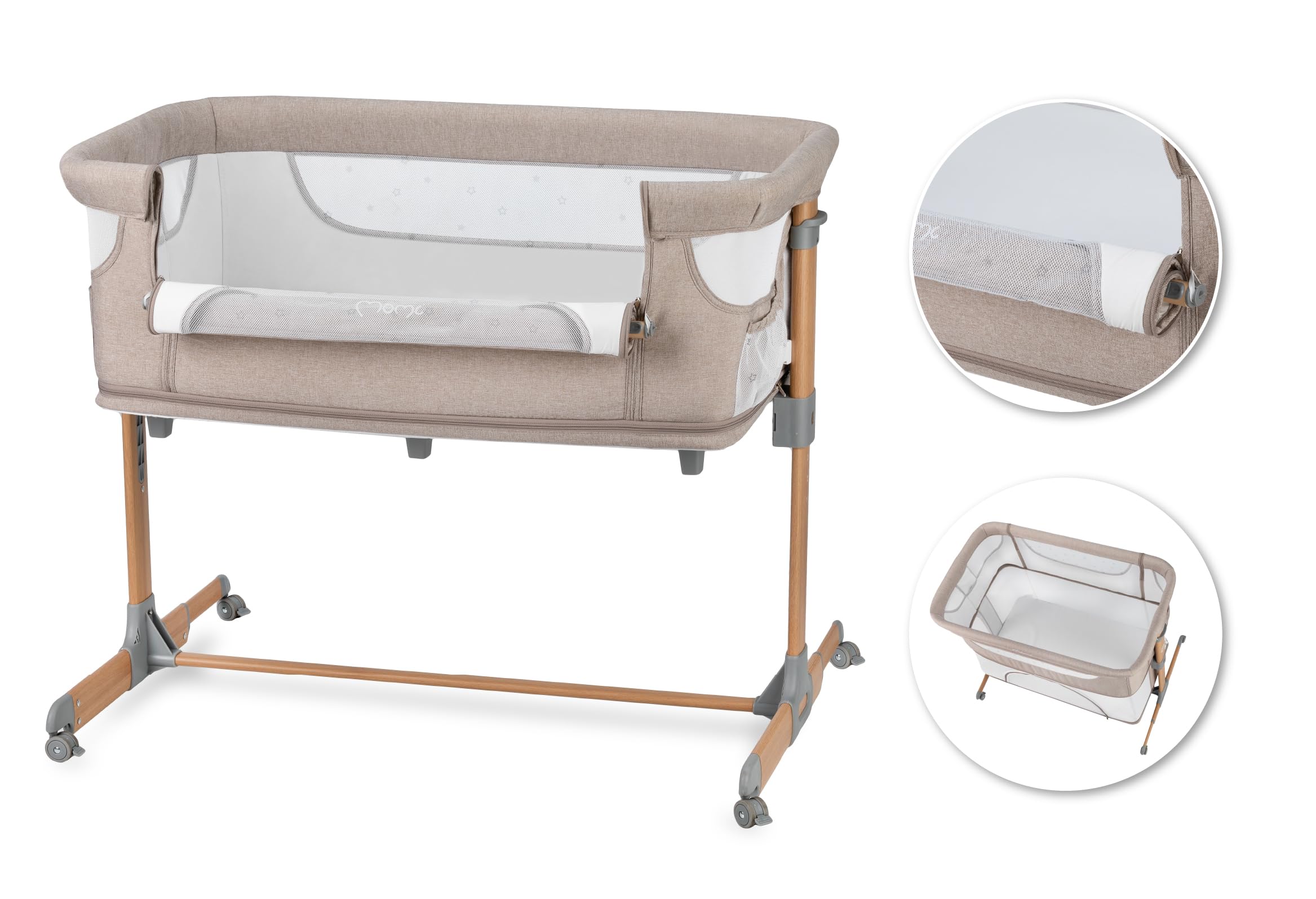 Momi Lettino multifunzione SMART BED 4-in-1, lettino co-sleeping e box, per bambini fino a 15 kg di peso, con altezza regolabile a 5 livelli, con materassino, cinghie di fissaggio e rotelle