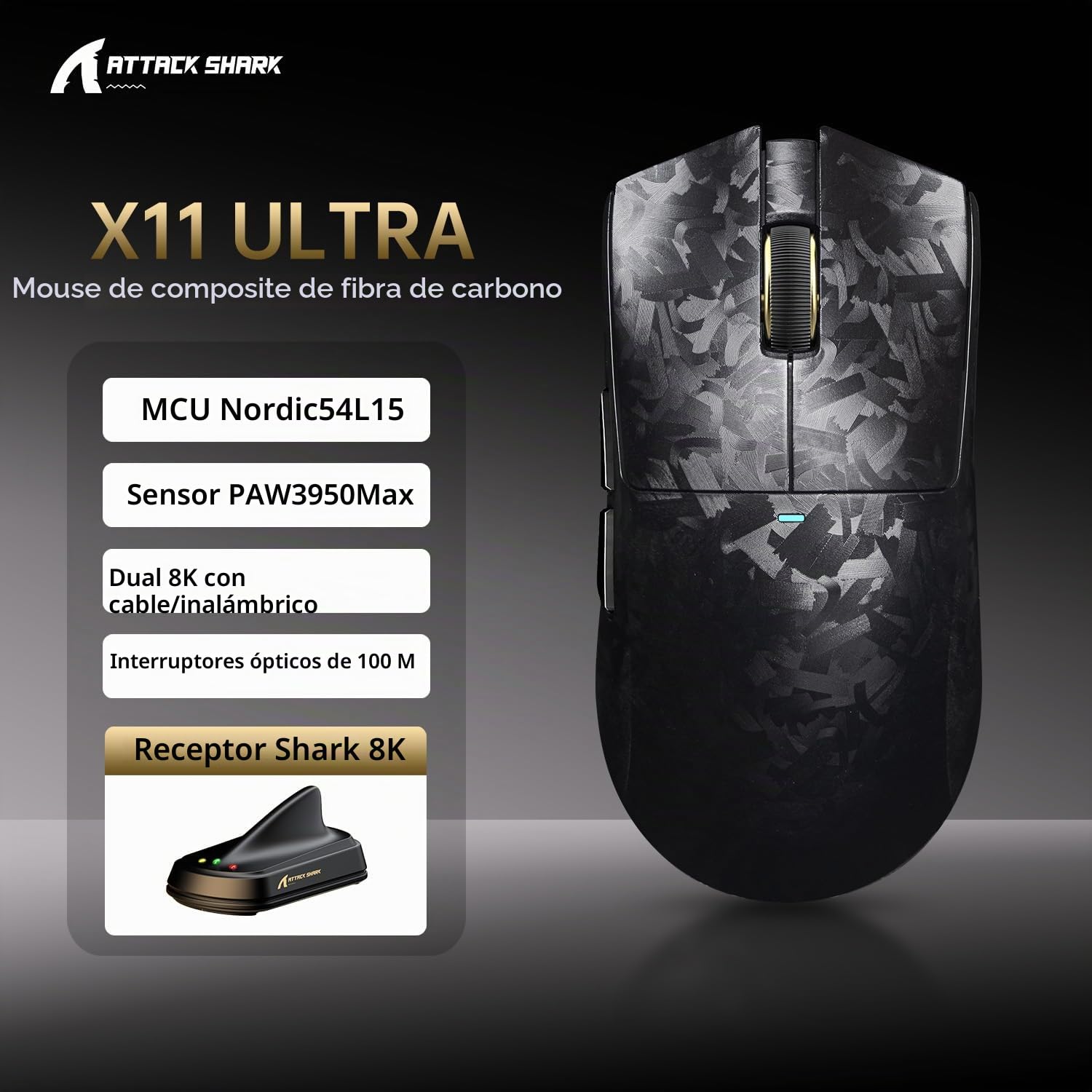 ATTACK SHARK X11 Ultra Wireless Gaming Mouse, Ultra-Light 63g, 42K dpi, 8K Polling, Nordic Chip, Carbon Fiber, for Esports & Pro Gamers
