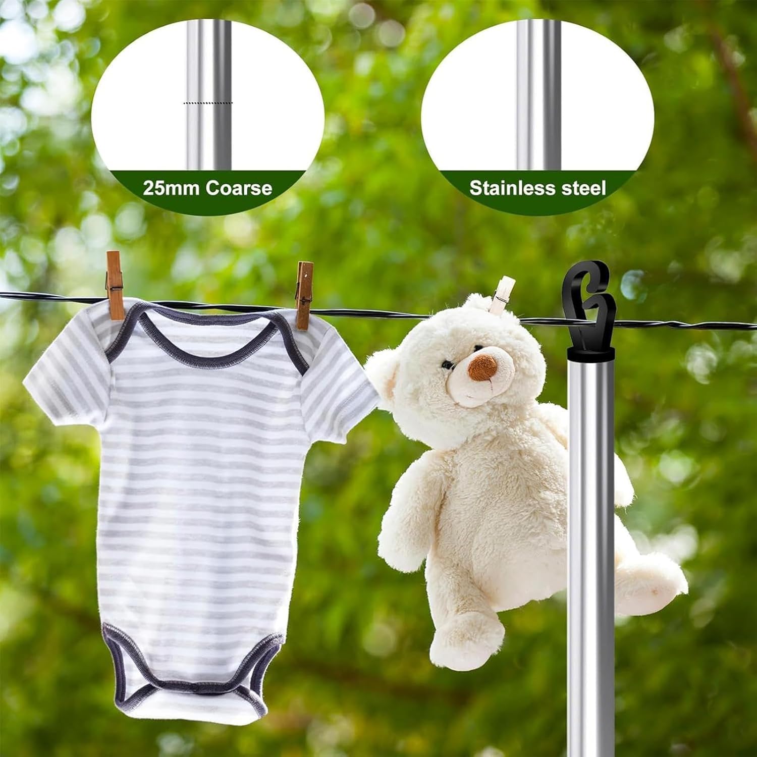 Clothesline Pole - 7.2 Ft Detachable Rod, Outdoor Laundry Drying Stand, Adjustable Support with 32.8 Ft Rope and 20 Clips, Heavy Duty Garden Clothes Drying, Interactive Easy Setup 393.8 Inches
