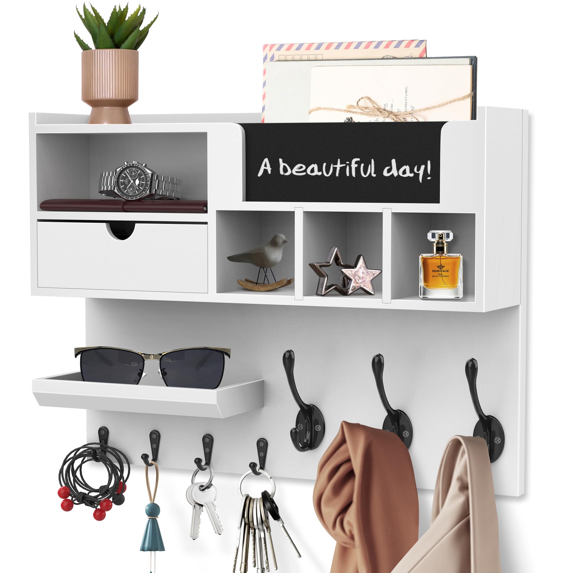 QooWare Key Holder Wall Mount with Mail Slot, Adjustable Entryway Shelf & Chalkboard – Farmhouse Key Hooks for Wall, Ideal for Coats, Bags, Keys in