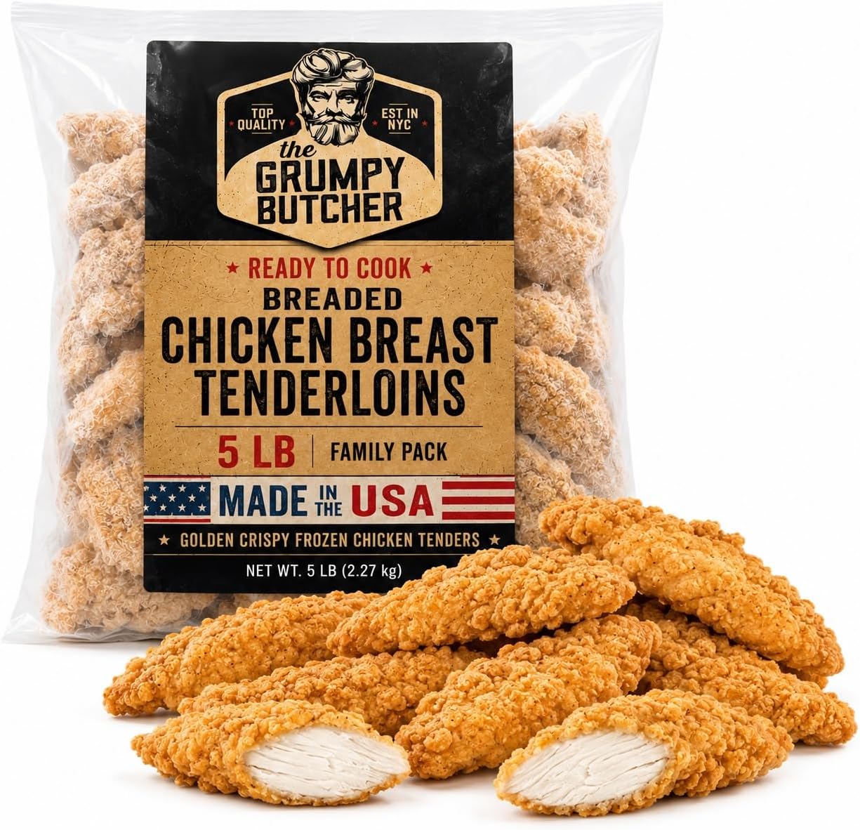Grumpy Butcher Breaded Chicken Breast Tenderloins, 5 lb - Large Ready to Cook Natural Chicken Tenders - Premium Poultry Breed - Ships Frozen