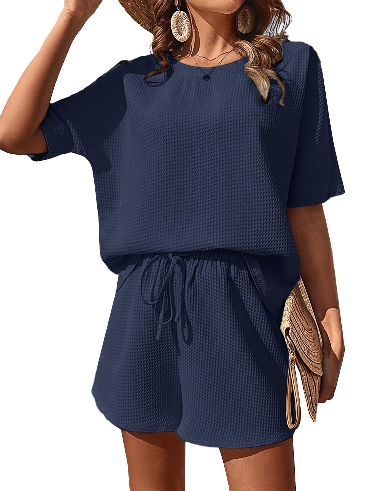 JFAN Completo Donna Estivo 2 Pezzi Maniche Corta con scollo rotondo e Pantaloncini Bermuda Vita Alta con Coulisse Elegante Tuta Casual Estiva Spiaggia