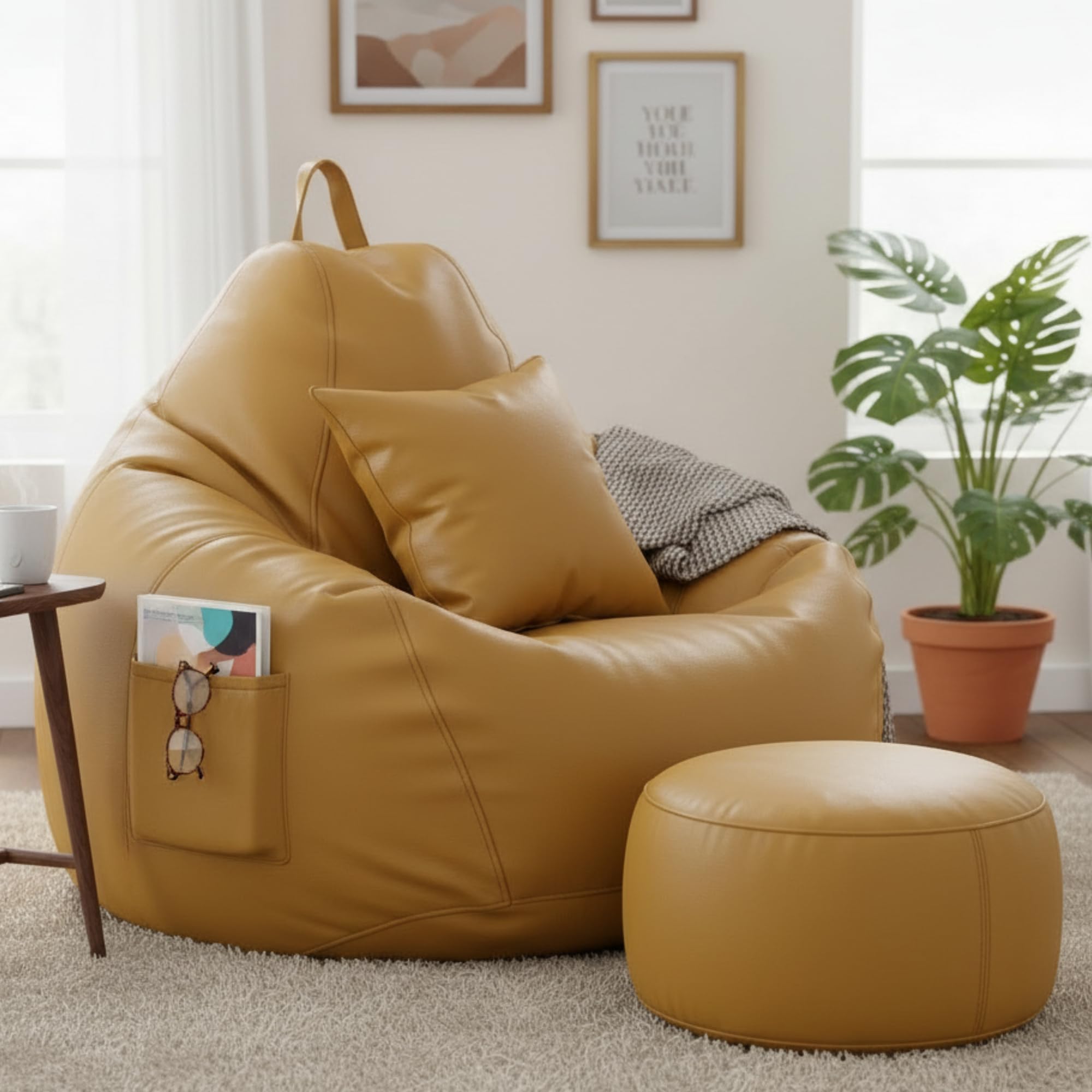 Bean Bag Chair with Footrest & Cushion | Pre-Filled Beans | PVC Leatherette Lounger Sofa | Indoor & Outdoor Bean Bag | 6 Months Warranty Size & Color- (Yellow, XXXXXL, Premium)-image-38