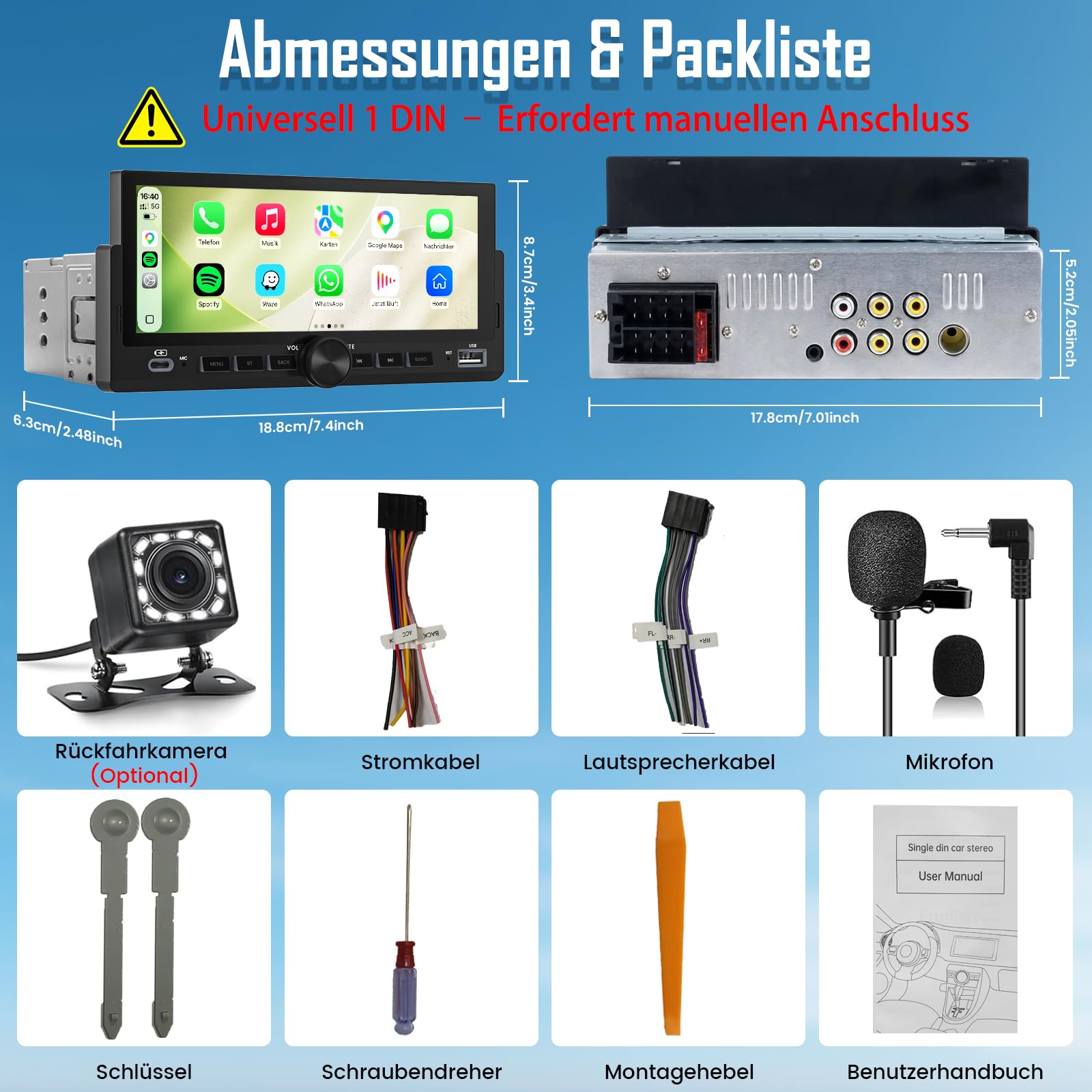 Autoradio 1 DIN mit Wireless CarPlay & Android Auto, Bluetooth Freisprecheinrichtung, FM Radio, Bildschirm, Lenkradsteuerung, MirrorLink, Aux-Eingang, Equalizer (6,86 Zoll mit Rückfahrkamera)