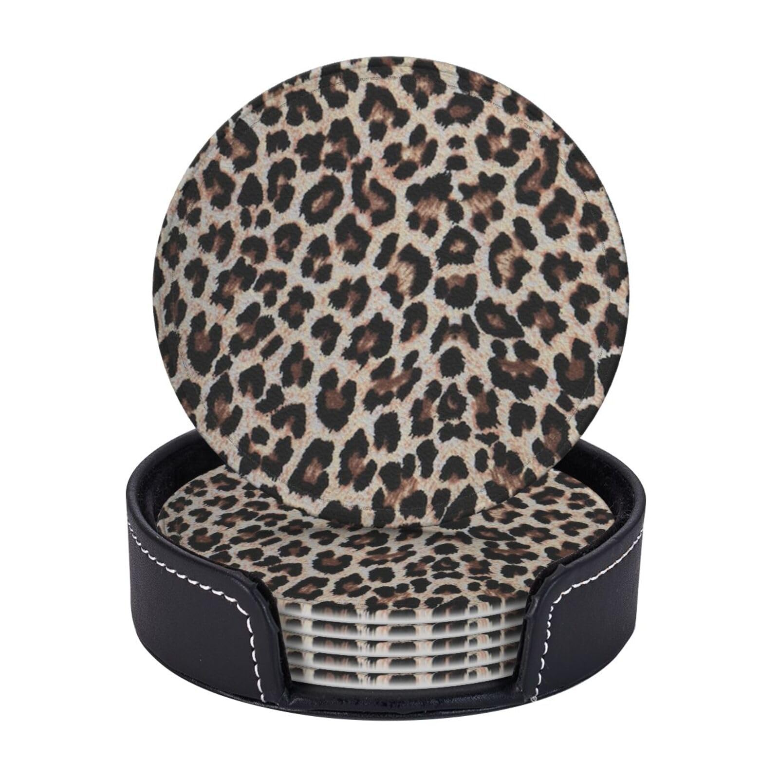 AUGUSTRUSH Round PU Leather Coasters Set of 6, Leopard Print coaster with Storage Box, Heat-Resistant Non-Slip Drink Pads for Kitchen Desk Office Dining Table
