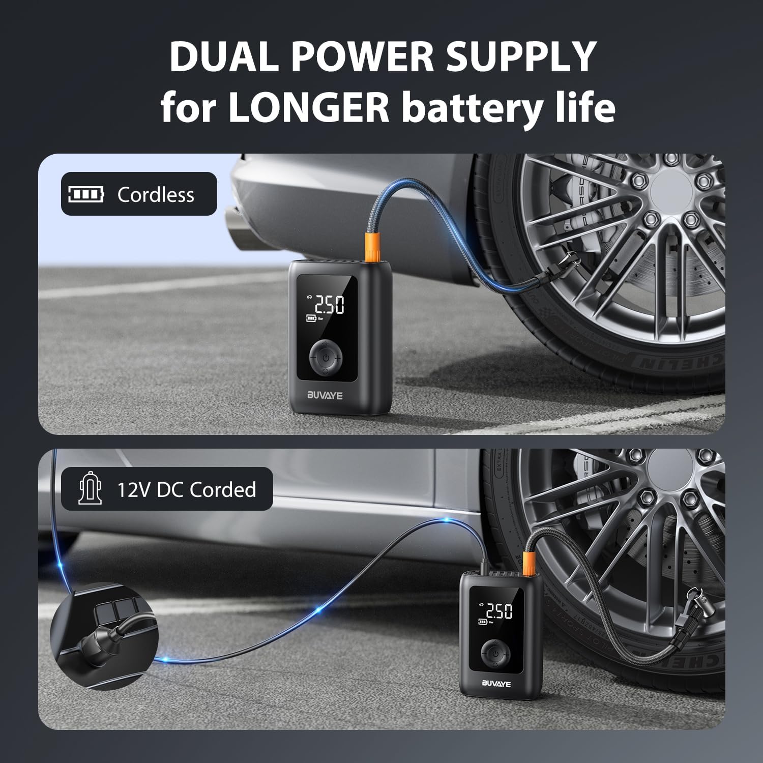 BUVAYE Tire Inflator Portable Air Compressor, 150PSI Portable Air Pump, 12V DC Cordless/Corded Air Pump with Pressure Gauge Emergency LED Light for Tires, Bicycle, Balloons with EVA Bag