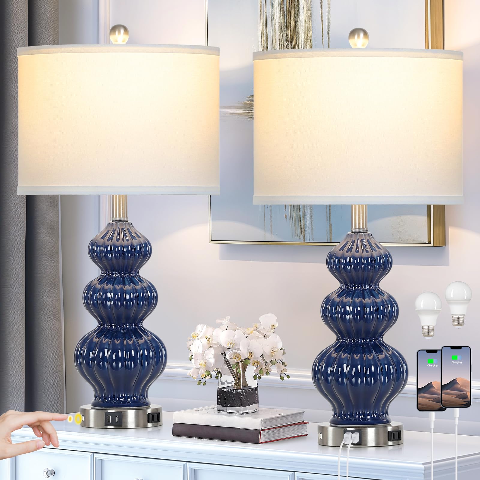Triple Gourd Ceramic Table Lamps Set of Modern Blue Bedside