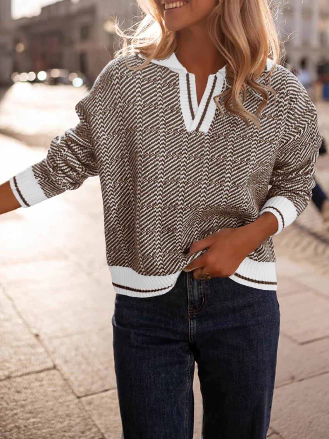 Saodimallsu Womens Fall Sweaters Tops Lapel V Neck Knit Sweater Color Block Long Sleeve Casual Soft Pullover Shirt - Image 3