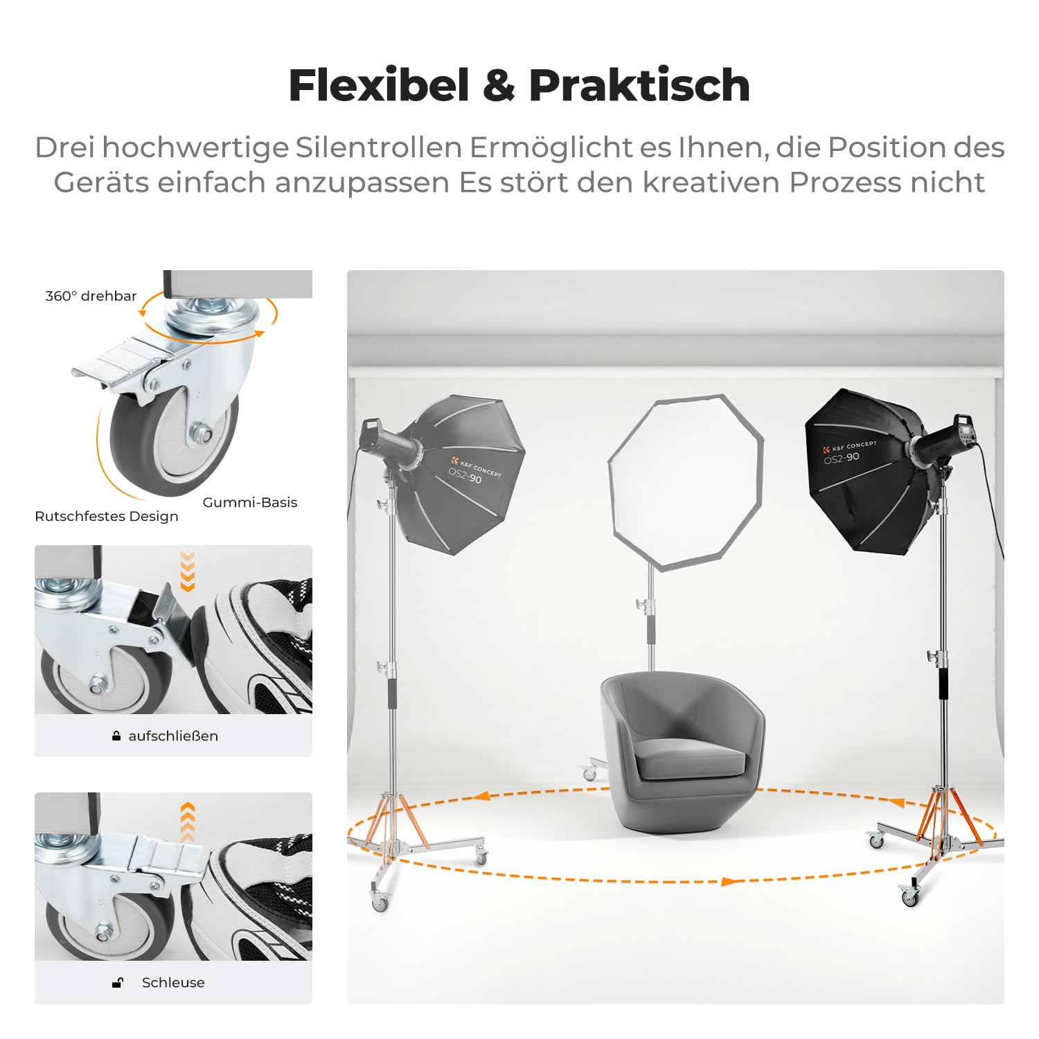 K&F CONCEPT 330CM Wirklich Edelstahl Lichtstativ mit 360°Drehen Rollen | 130-330CM verstellenbar Heavy Duty Fotografie Galgenstativ C-Stand für COB-Leuchten, Ringlichter, Blitzlichter Last 30KG,TL11