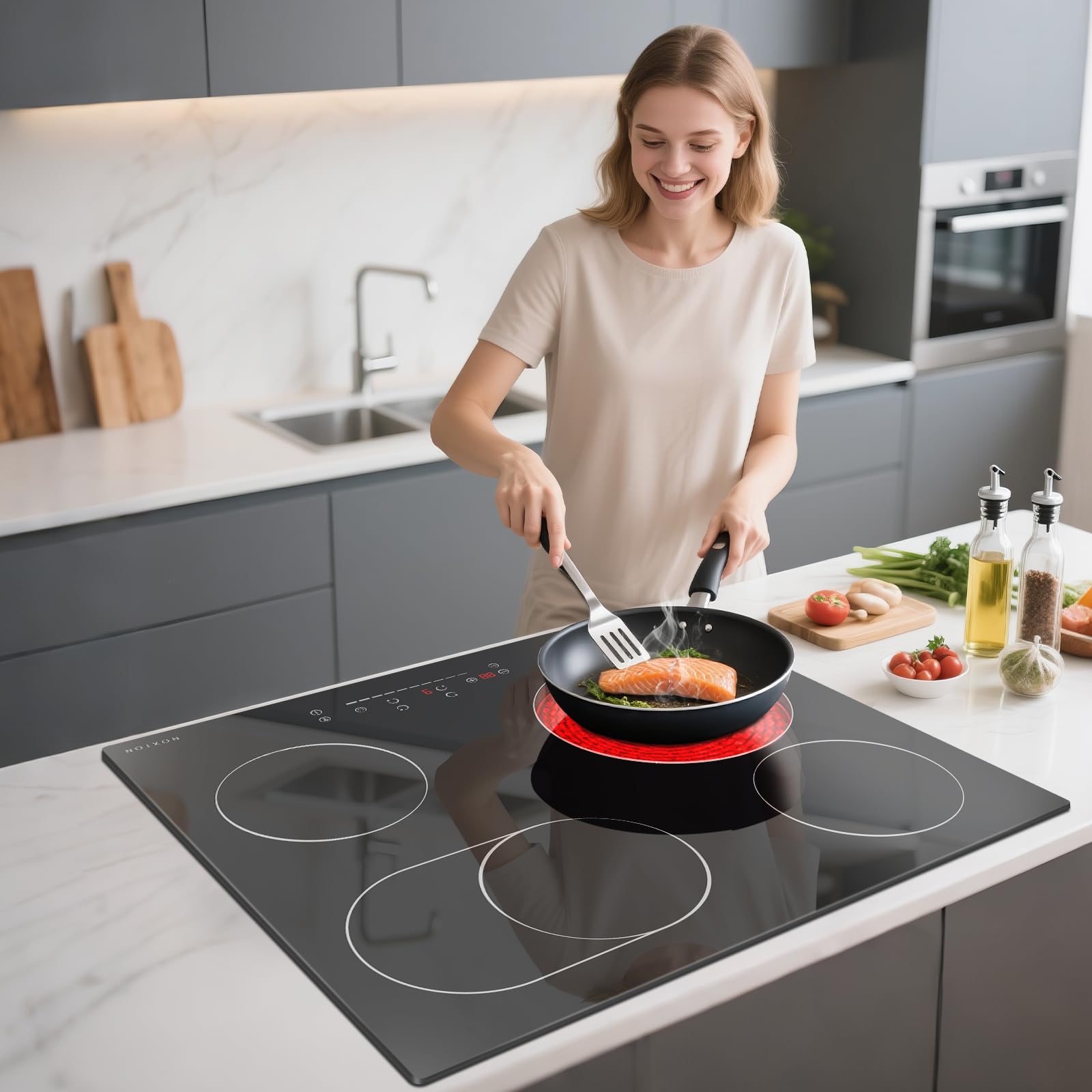 NOXTON Plaque Vitrocéramique 4 Feux, Plaque Electrique Encastrable 6600W, 60 cm Plaque de Cuisson Vitrocéramique avec Zone Ovale, 9 Niveaux de Puissance, Minuterie, Sécurité Enfants