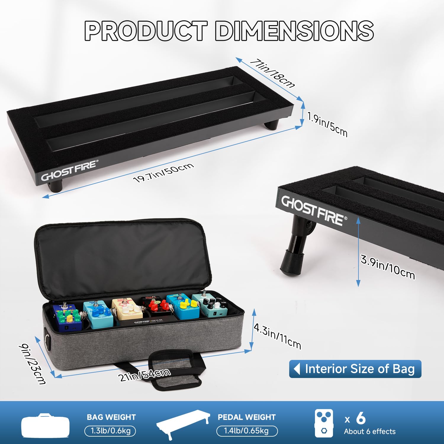 Ghost Fire Gitarren-Pedalboard aus Aluminiumlegierung, 0,7 kg, Super-Lichteffekt, 50 x 17,8 cm, mit Tragetasche SPL-02 und Netzteil GS10-SE