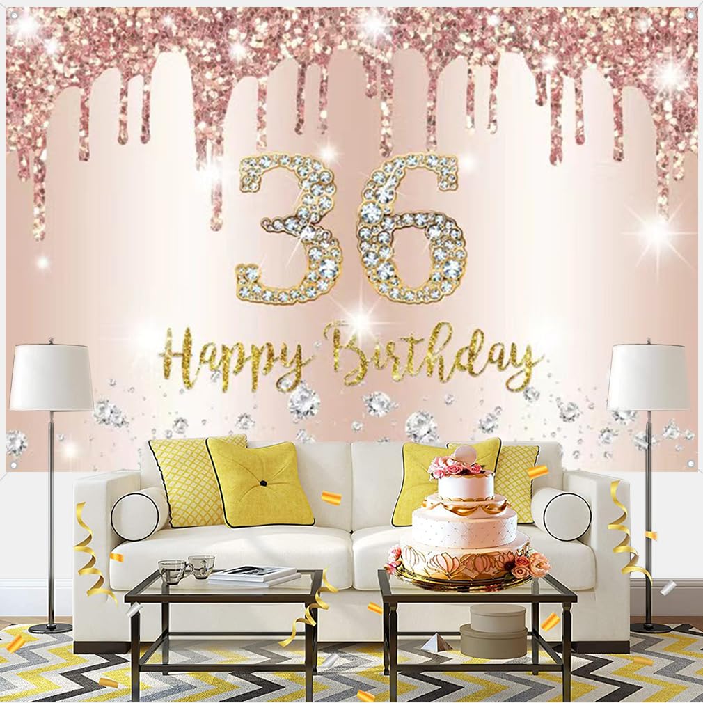 Happy Birthday Banner For Men - 36th Birthday Decor, Large 3.77x5.9 Ft Backdrop, Black & Gold Party Decorations - View #2