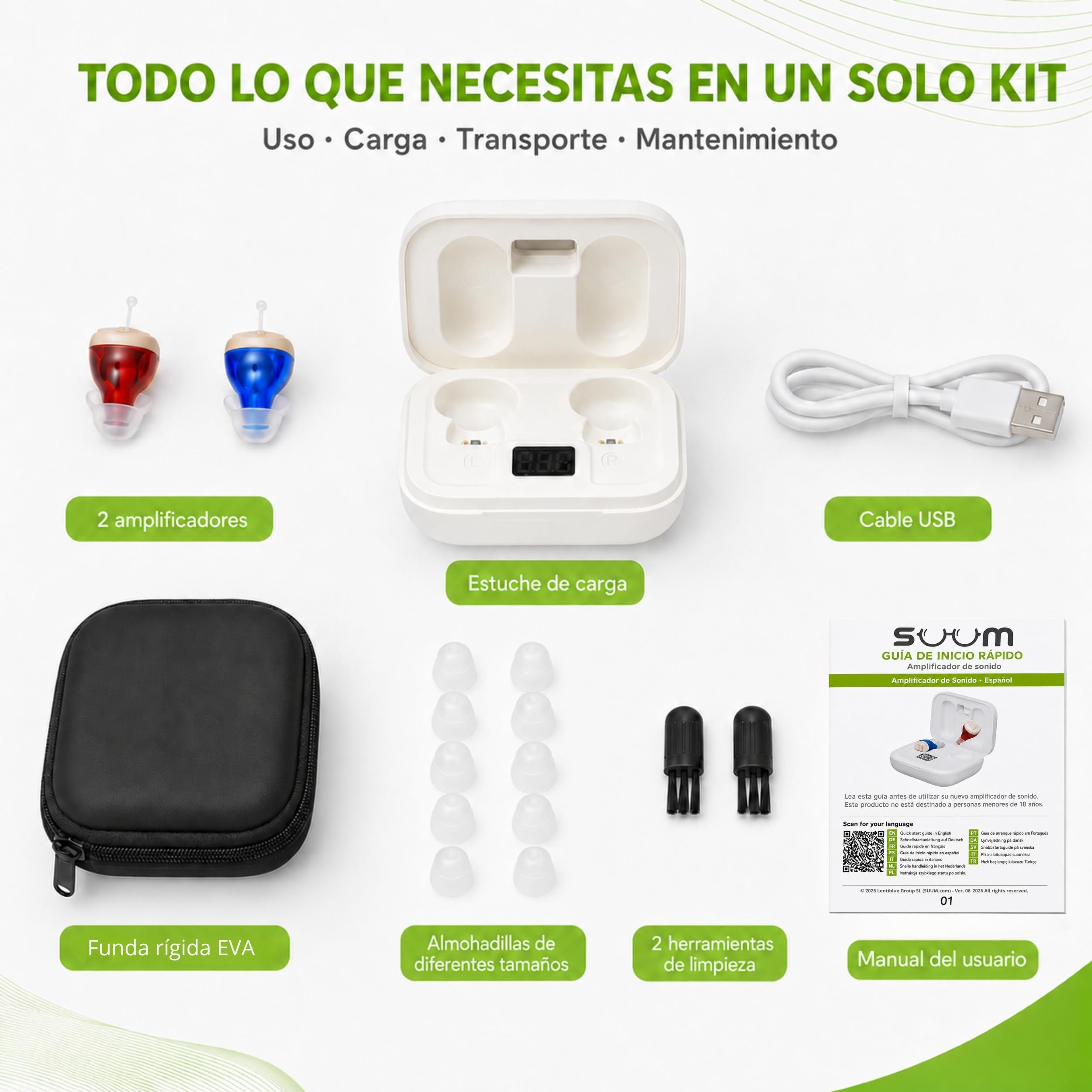 SUUM Amplificador de Sonido Intraauricular Recargable ITE con Estuche de Carga y Funda de Transporte Negra - Amplificador Auditivo BTE Ultraligero, Autoajustable, Prácticamente Invisible para Adultos