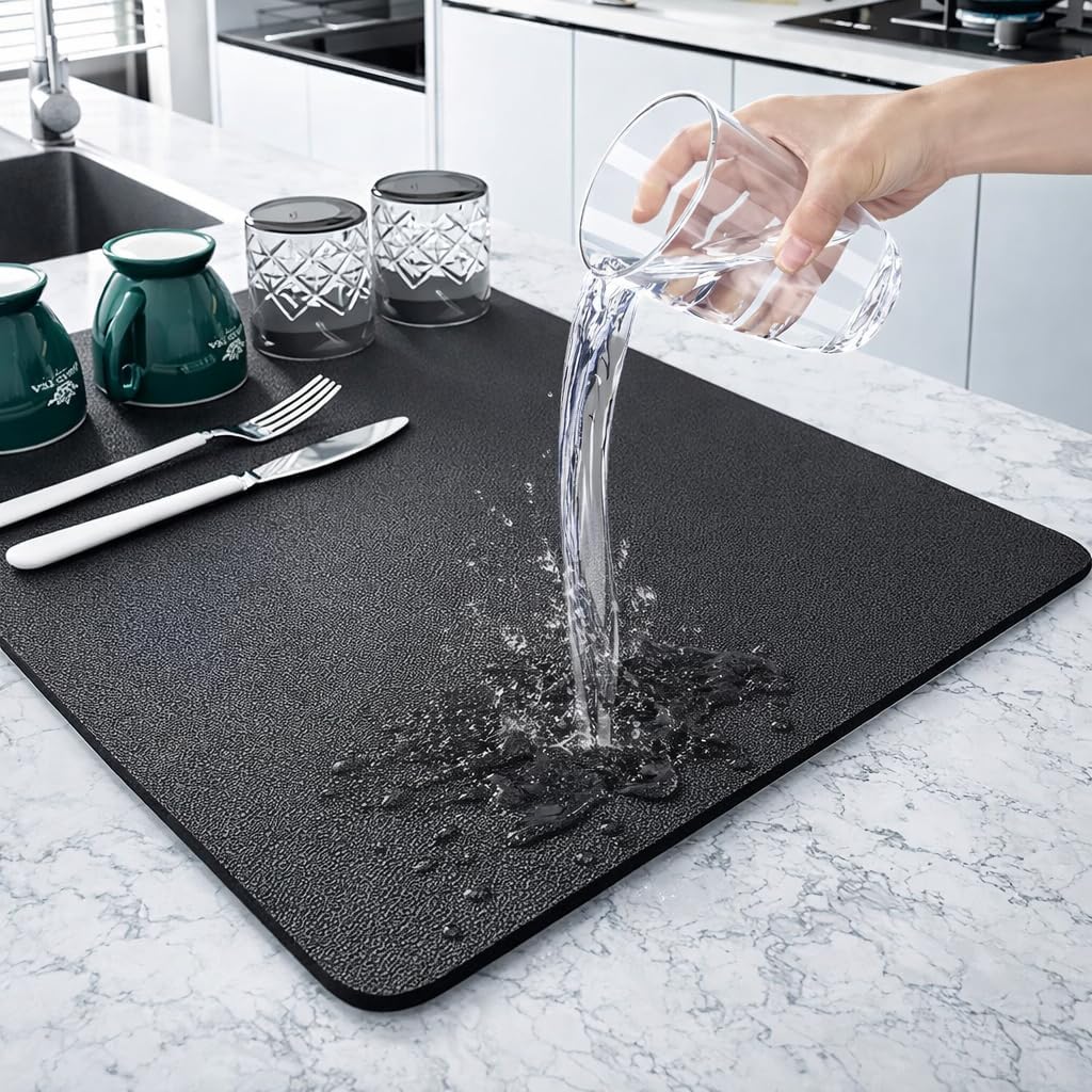 Dish Drying Mat for Kitchen Counter 60 x 40 cm, Super Absorbent Water Absorbing Mat for Kitchen, Quick Dry Anti Slip Drying Mat for Kitchen Utensils, Heat Resistant Countertop Protector, Black-image-12