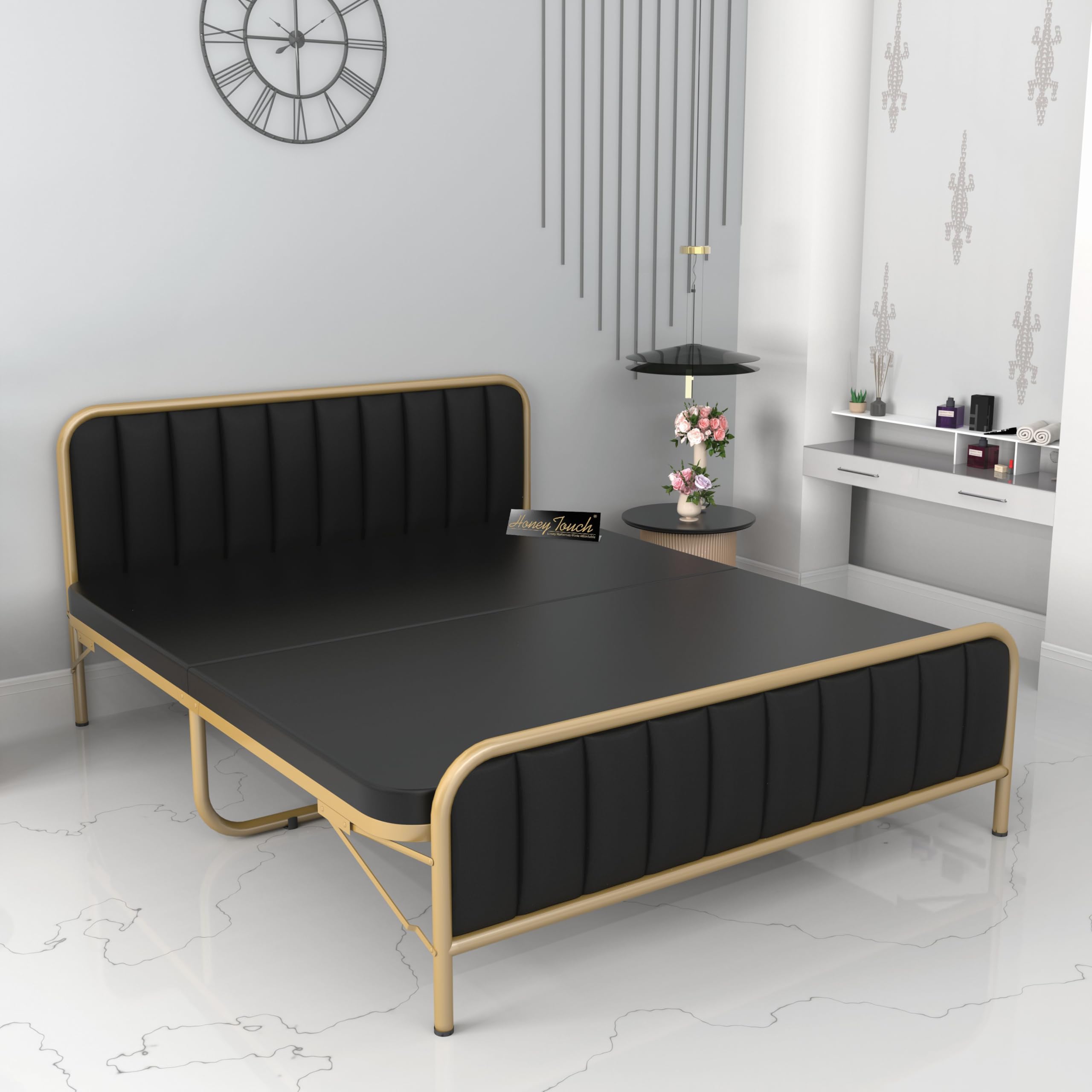 Honey Touch® Double Bed | Cushion Headboard | with Mattress | Folding Bed No Assembly Required | Powder Coated | 5ft x 6.25 (with Double Layer Mattress, Double)