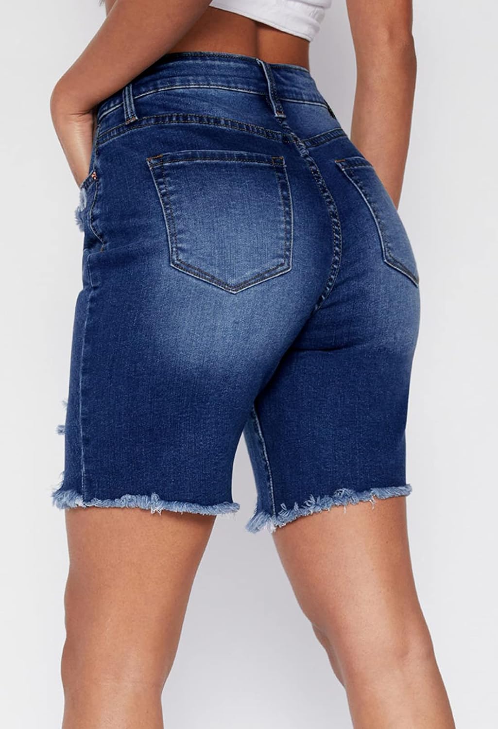 HUUSA Women's High Waist Ripped Denim Shorts Frayed Hem Destroyed Mid Thigh Short Jeans Casual Bermuda Shorts with Pocket - Image 3