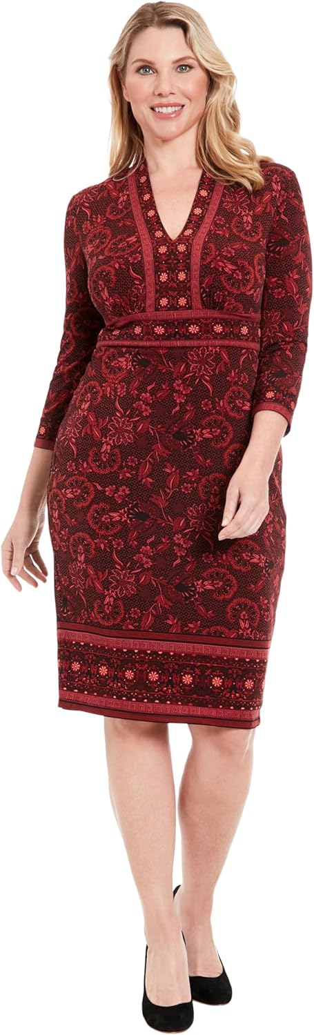 London Times Women's Women's Floral Sheath Dress - Knee Length, V-Neck, 3/4 Sleeve - for Work, Wedding Guest, Cocktail Events
