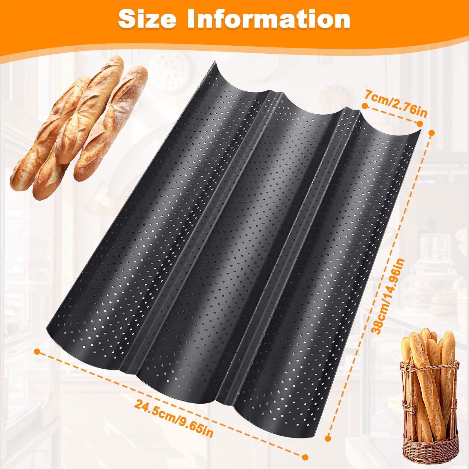 Guanici Stokbrood Tray Koolstofstaal Cake Bakplaat Geperforeerd Baguette Bakplaat Niet Stick Franse Stok Bakvormen Pan Drie Groef Franse Brood Pan Baguette Tray Bakpan (zwart, 38*24.5 *2.4cm
