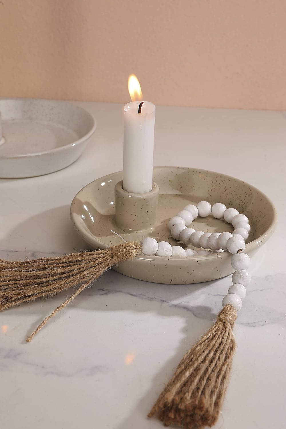DN DECONATION White Ceramic Candle Holders, Modern Candlestick Holder with Tray, Boho Candle Holder, Unique Round Stoneware Candle Holder for Taper Candles, Halloween Christmas Fall Decor