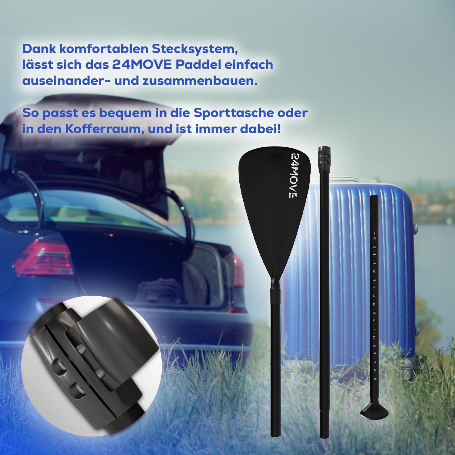 24MOVE® Paddel Teleskoppaddel Stechpaddel Einzelpaddel für SUP Stand Up Board, Leicht aus Aluminium 210cm, grün, blau, schwarz