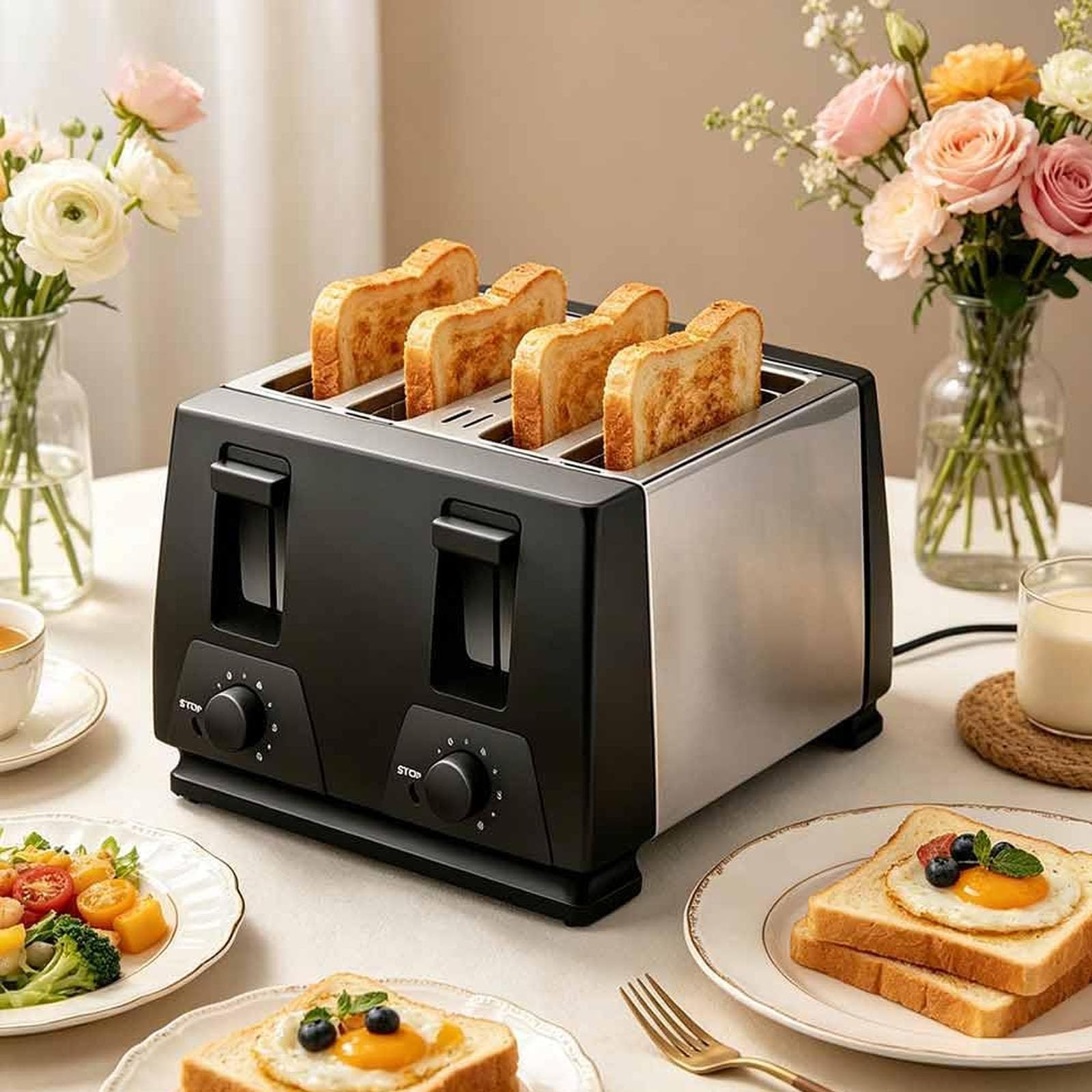 4 slot tostapane con 7 ° impostazioni di marronamento, 35mm slot extra larghe, funzioni di annullamento e riscaldamento, vassoio di briciola rimovibile, acciaio inossidabile, per Bagels French Toast