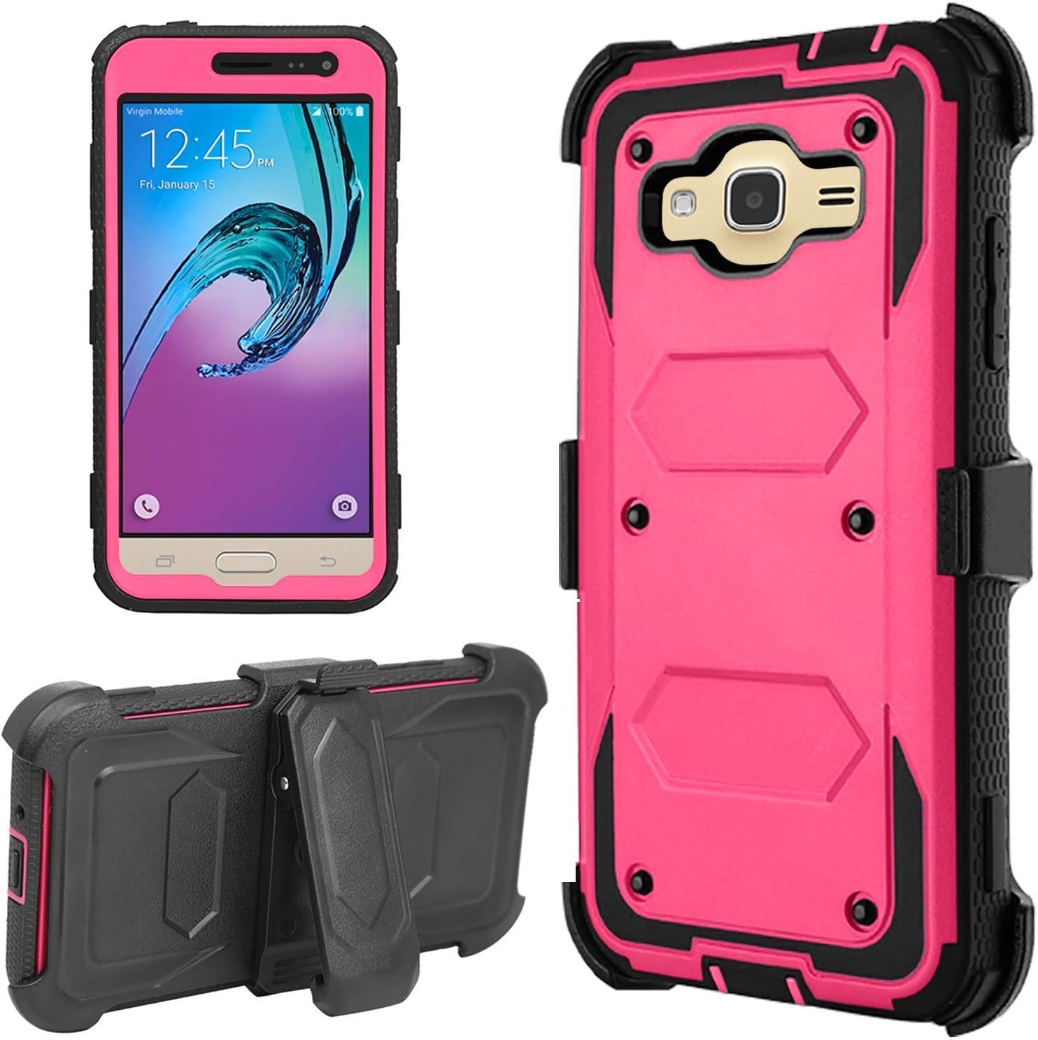 J.west Galaxy J3 Case, J3 (2016) Case, Hard Shock Absorption Full Body Rugged Hybrid Stand Holster Belt Clip Defender Phone Cover for J3, J3 (2016), J3 V, Express Prime, Amp Prime, Galaxy Sky Rose