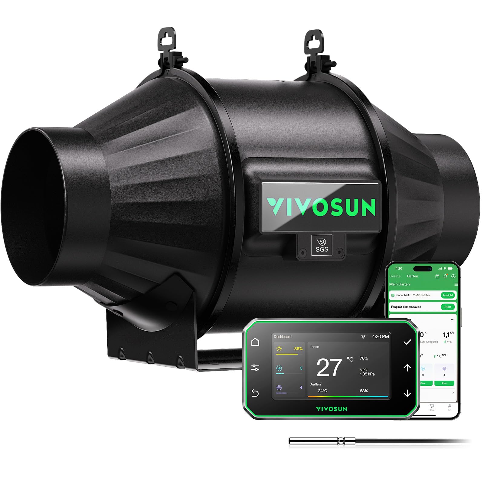 VIVOSUN Smart Rohrventilator 100mm AeroZesh T4 PRO Abluftventilator 357m³/h mit GrowHub E42A+, VPD-Regler, WiFi/App-Fernsteuerung, Ventilator Growbox Rohrlüfter für Growzelte Gewächshäuser