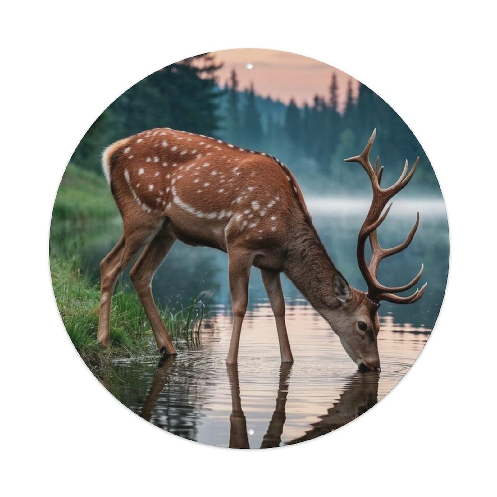 Animal Sika Deer Drinking Forest Lake Vintage Metal Tin Sign Plaque Wall Decor for Cafe, Club Bar, Office, Garden Metal Poster 8x8Inch
