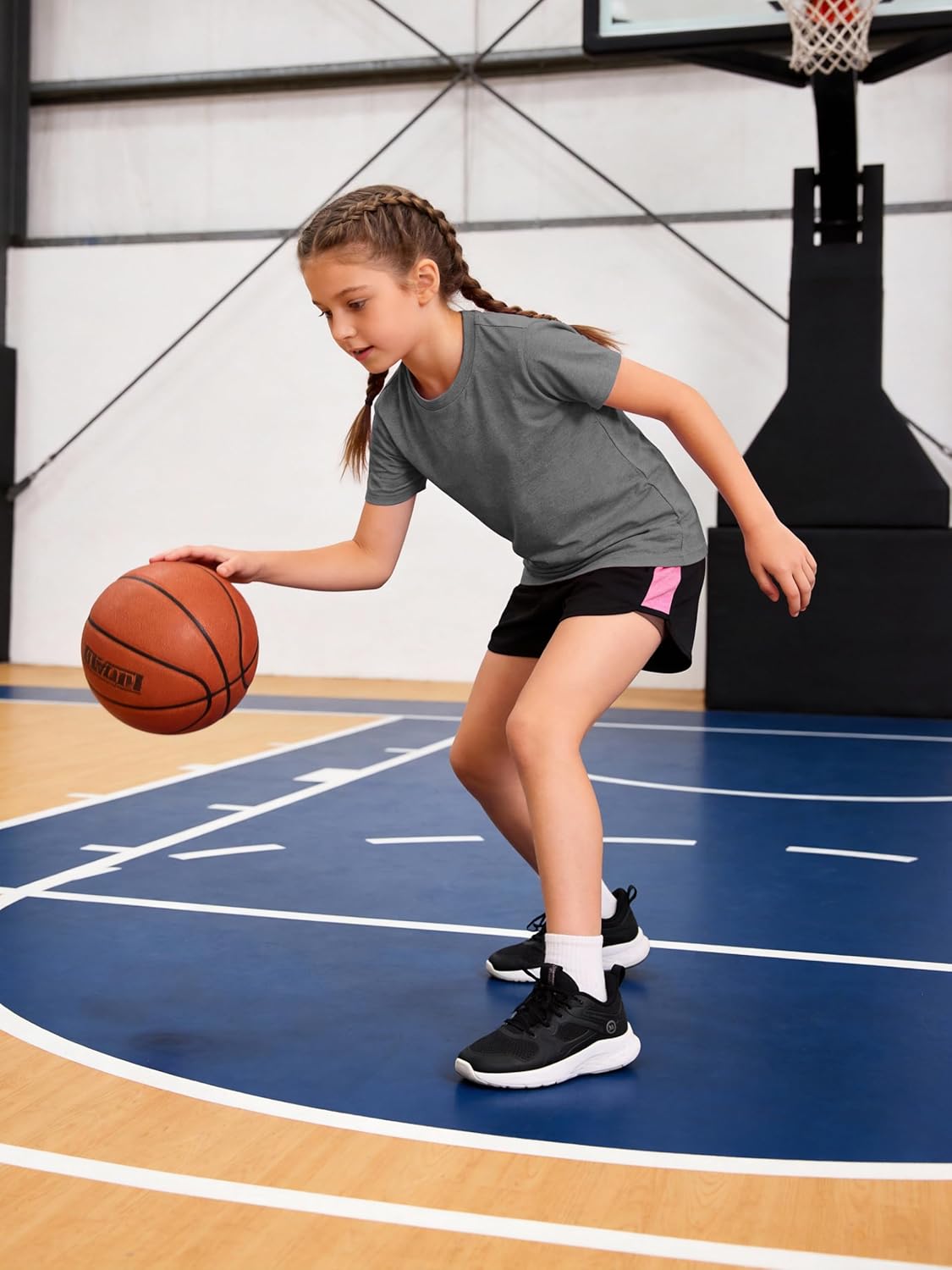 Poroka 5 Pack Girls Athletic Shirts Short Sleeve Dry Fit T-Shirts Crew Neck Active Activewear Sports Tees Tops for Kids