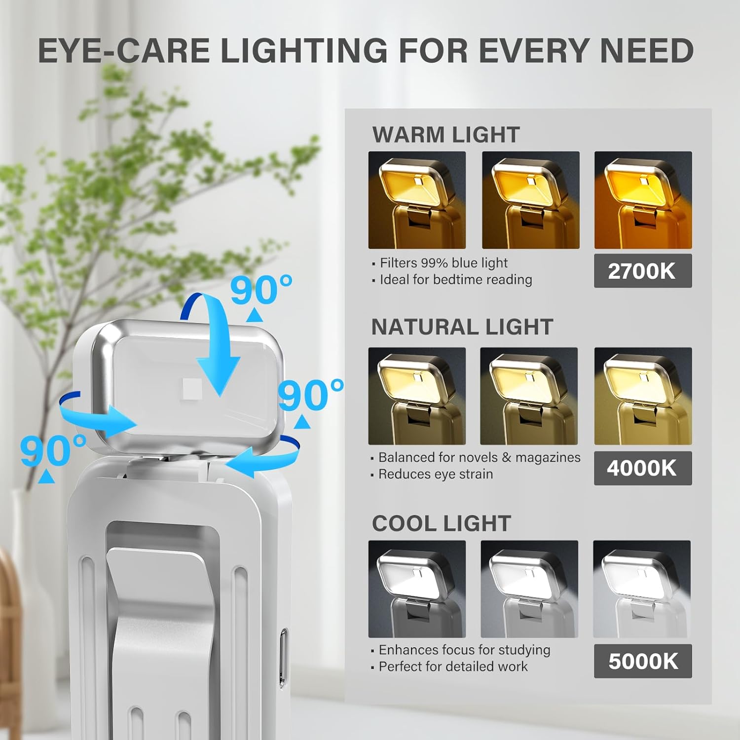 Rechargeable Reading Book Light with Clip & Battery Indicator- 9 Luminescence Mode Book Lamp for Night Reading in Bed, Portable 1.6 Oz Ultralight,Stocking Stuffers for Kids,Book Lovers,White