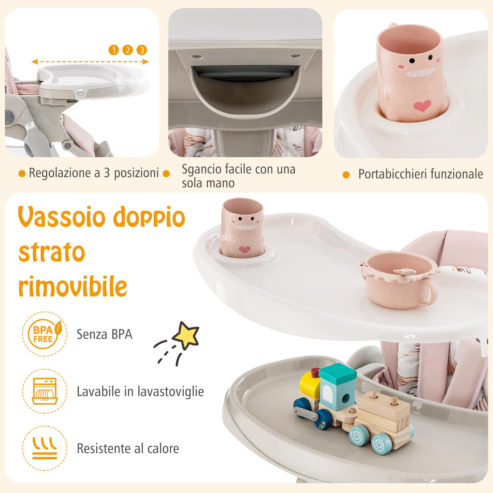 COSTWAY Seggiolone Pappa per Bambini e Neonati, Seggiolone Pieghevole Multifunzione con Ruote, Altezza Regolabile, Poggiapiedi e Schienale, Vassoio Rimovibile, per 6-36 Mesi (Rosa)