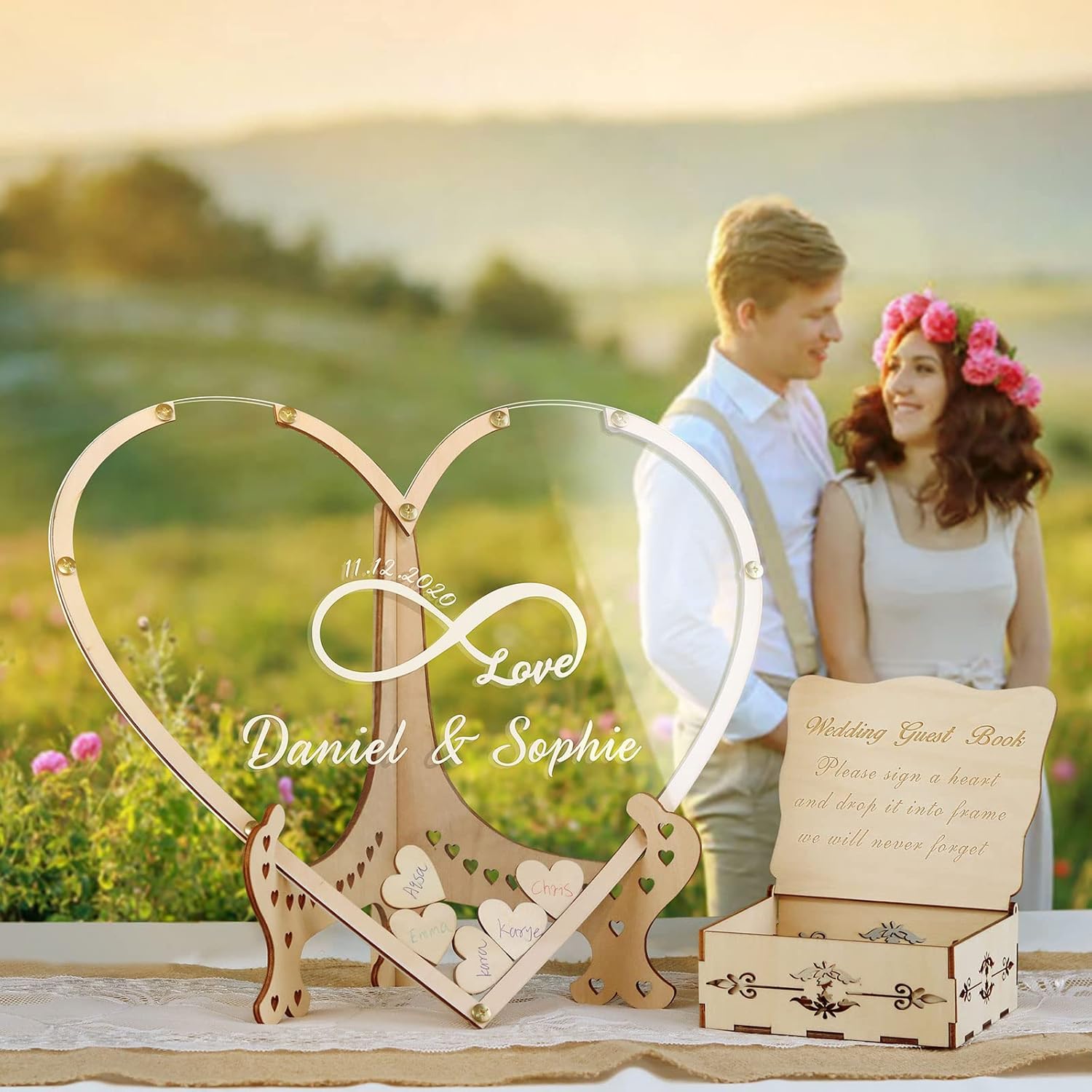Wedding Guest Book Alternative,with Box and Small Hearts,Personalized Infinity Love Heart Drop Guest Sign for Rustic Wedding Decorations,Anniversary and Birthday(style4, Heart)